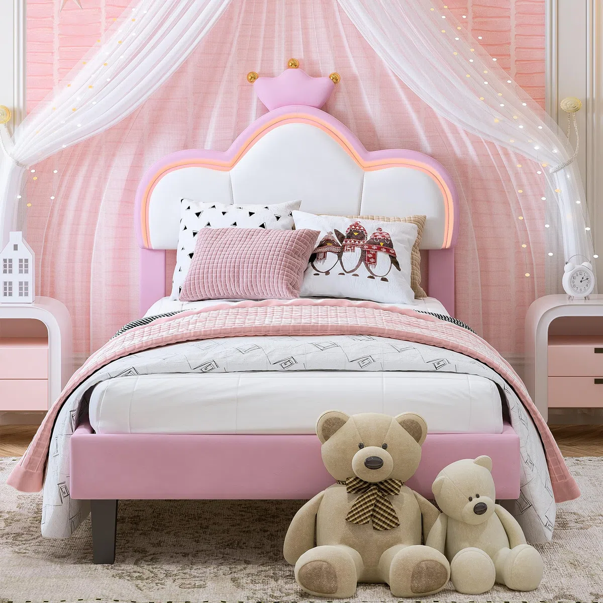 Polsterbett Einzelbett 90x200 cm Kinderbett mit LED Beleuchtung App-Steuerung Krone-Design Samt Rosa Weiß