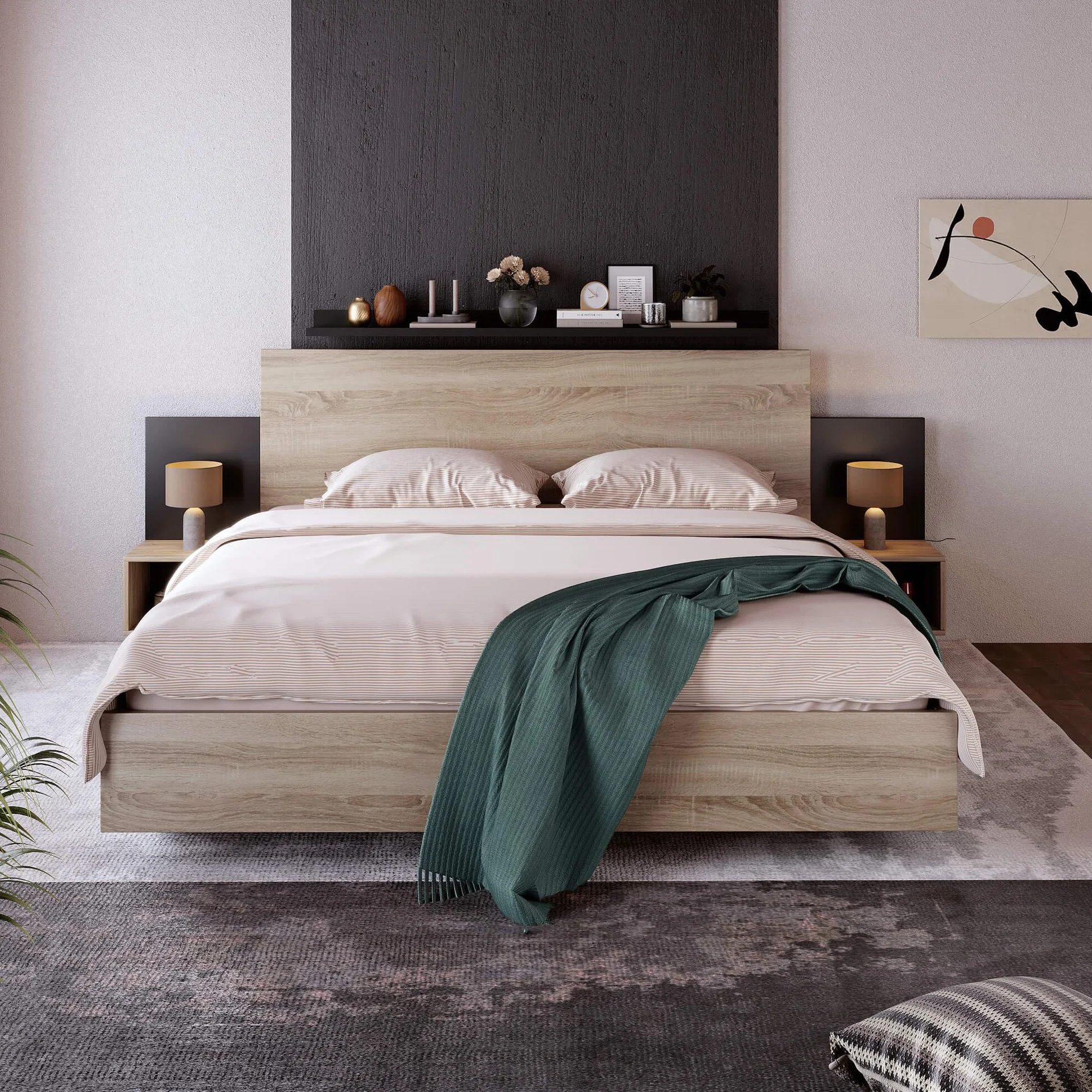 Stilvolle Doppelbett Bettanlage 160 x 200 cm, Mit 2 Nachtkommoden Modernes Bett inkl, Schlafzimmer Komplett Set-205.5x235x76.5 cm(T/B/H) Set in Eiche Sonoma (Ohne Matratze)