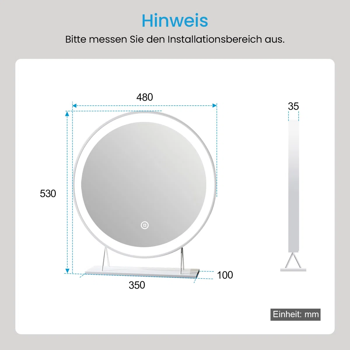 Heilmetz Schminkspiegel mit Beleuchtung Rund Φ48cm, LED Hollywood Spiegel mit Beleuchtung, Dimmbar 3 Lichtfarben, Touch Schalter, Makeup Kosmetikspiegel mit Licht - Weiß