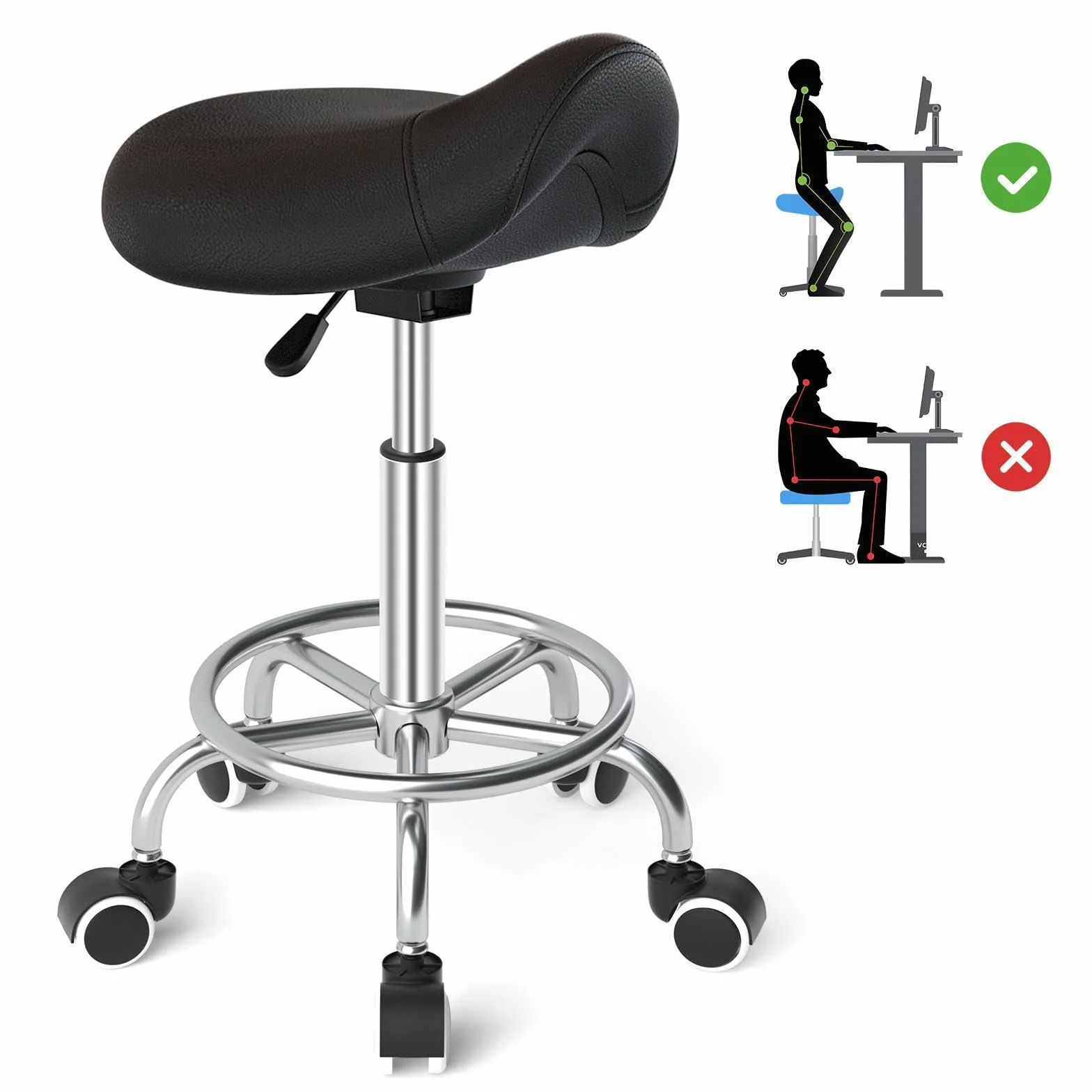 Sattelhocker Ergonomisch - Bequemer Sattelstuhl mit einem breiten Sattelsitzkissen, drehbarer, verstellbarer Sattelhocker mit Rollen und Ringpedal für Medizin,Massage, Salon,Büro und Zuhause (Schwarz)
