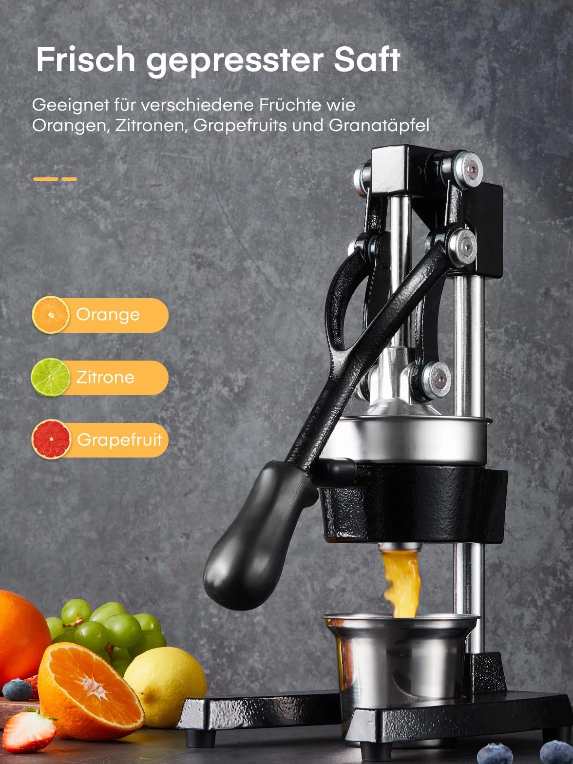 FOHERE Saftpresse Manuell, Professionelle Orangenpresse Handpresse für Orangen, Zitronen, Granatäpfel, Grapefruits, Leicht zu Reinigende Zitruspresse mit Edelstahlbecher