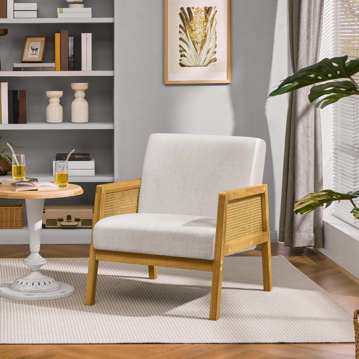Yaheetech Armlehnensessel Loungesessel mit Polsterung bequemer Polstersessel mit Armlehnen aus Rattan Einzelsofa für Wohnzimmer/Empfangsraum/Leseecke