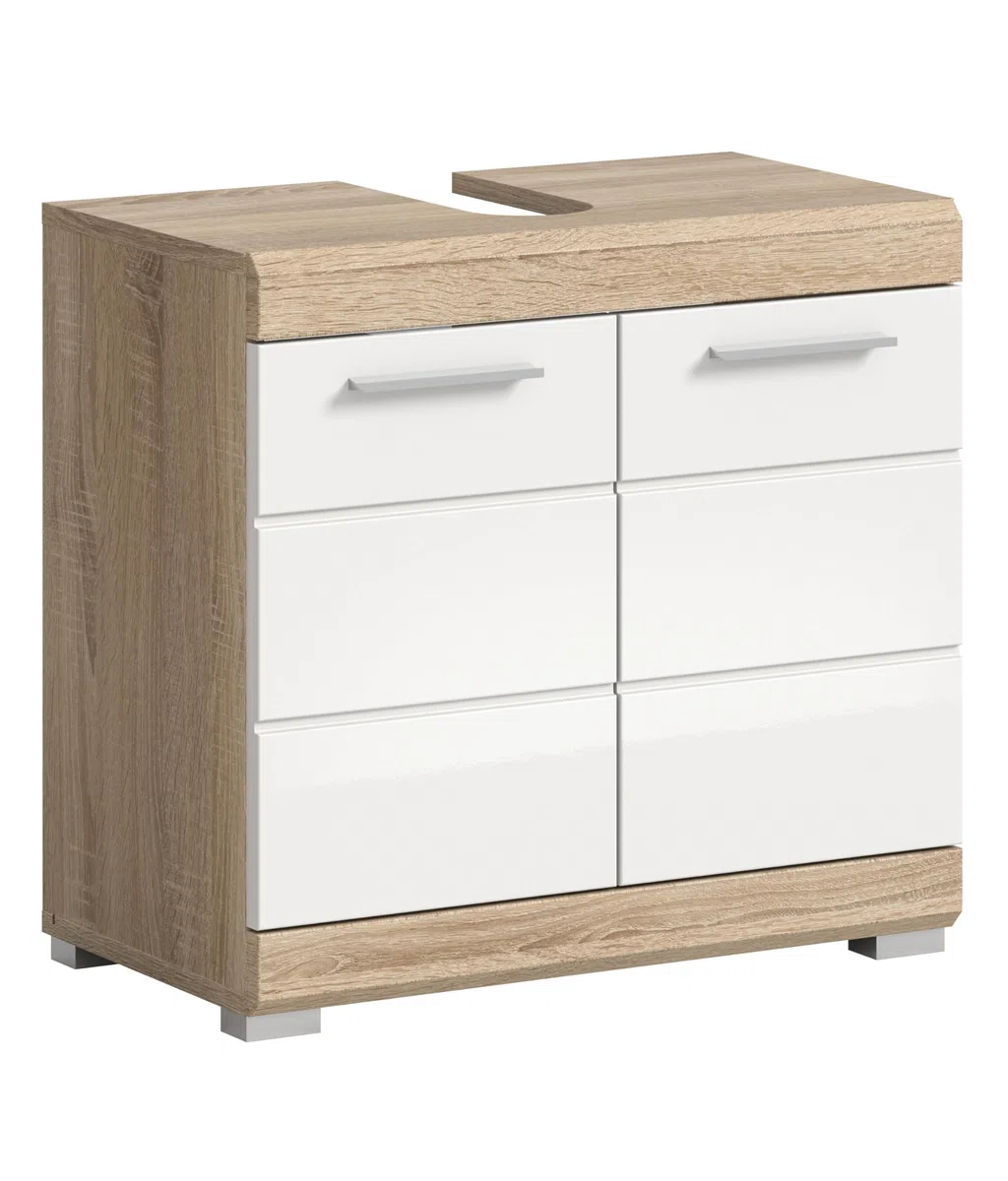 xonox.home - Waschbeckenunterschrank Lambada 60x56x34 cm in Sonoma Eiche hell und weiß Hochglanz - Unterschrank Badmöbel Badezimmerschrank - hochwertig verarbeitet stilvolles Ambiente