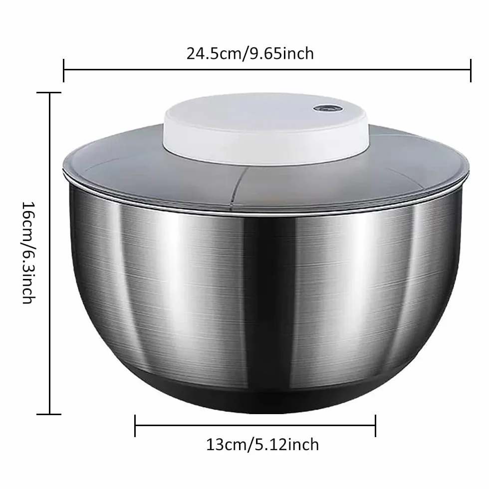 Elektrische Salatschleuder USB Wiederaufladbare Salatschleudern zum Waschen und Trocknen von Salat, Edelstahl 5L Salatschüssel fur Sieb, Gemüse und Obst