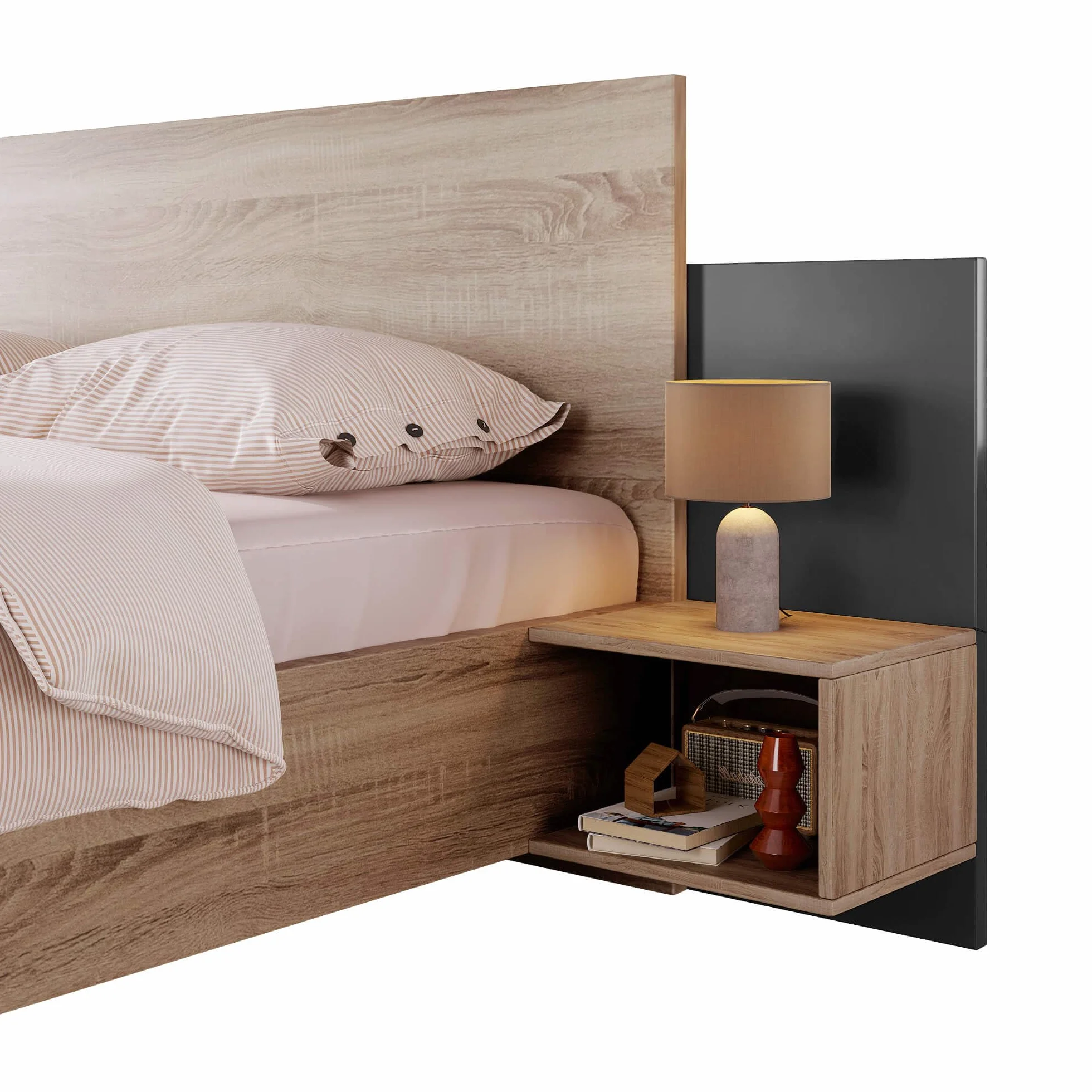 Stilvolle Doppelbett Bettanlage 160 x 200 cm, Mit 2 Nachtkommoden Modernes Bett inkl, Schlafzimmer Komplett Set-205.5x235x76.5 cm(T/B/H) Set in Eiche Sonoma (Ohne Matratze)