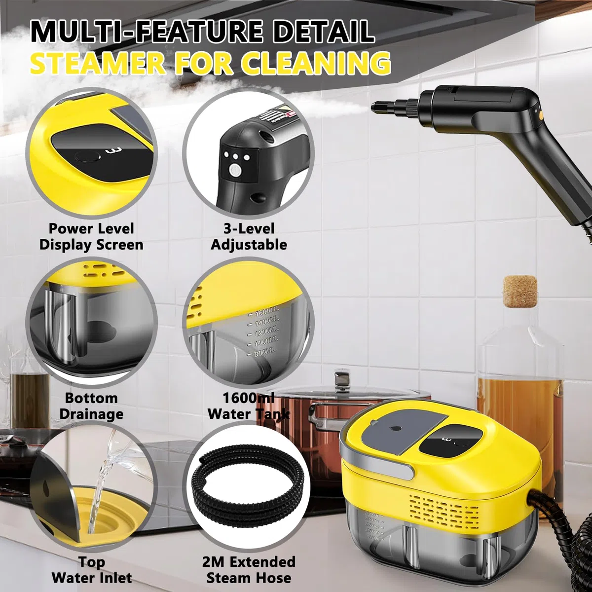 2026 neu 3-stufig einstellbarer dampfreiniger handgerät, 10 Sekunden Aufheizzeit und 1600 ml großer Tank Handdampfreiniger, Dampfreiniger für Haushalt und Auto, Küche, Fenstern (Yellow, 1 Set)