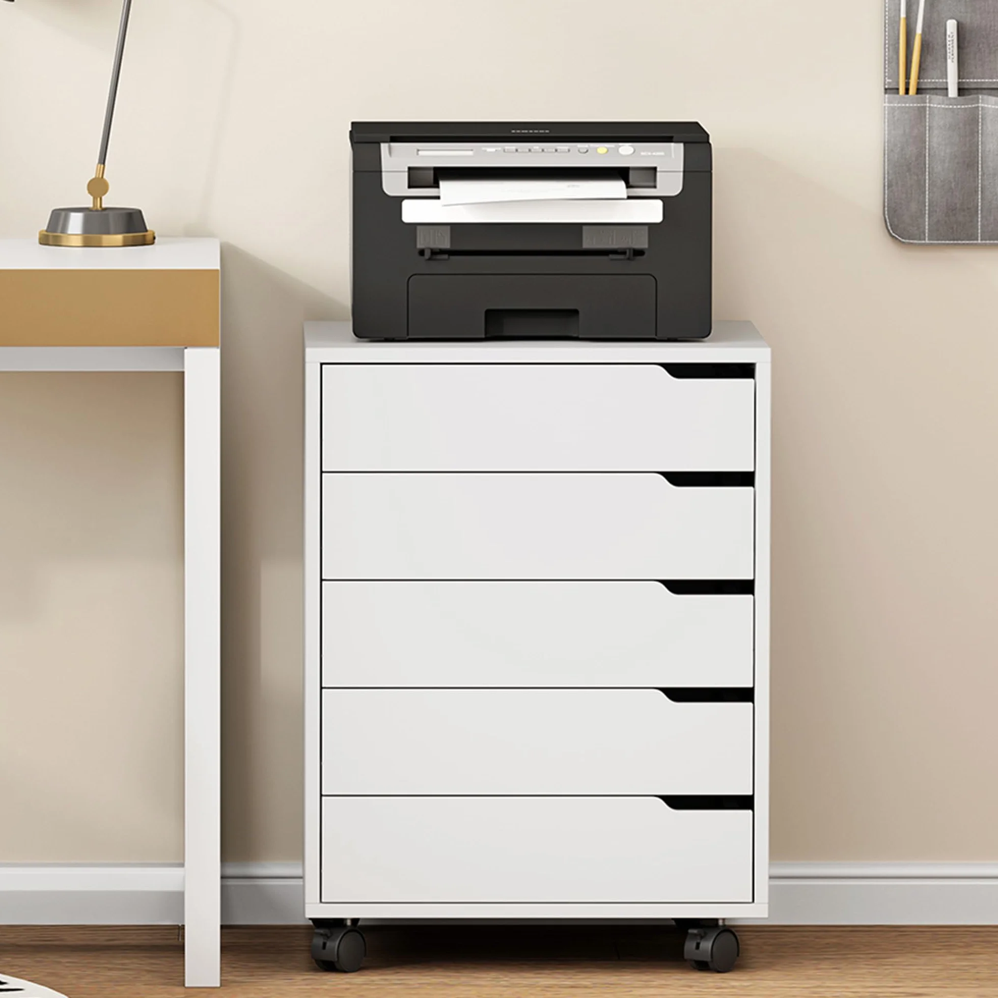 SDHYL 5-Schublade vertikaler Aktenschrank mit Griffen, rollwagen mit schubladen， rollcontainer mit schubladen，unter Schreibtisch Schublade Lagerung für Home Office, 5 Schubladen,weiß