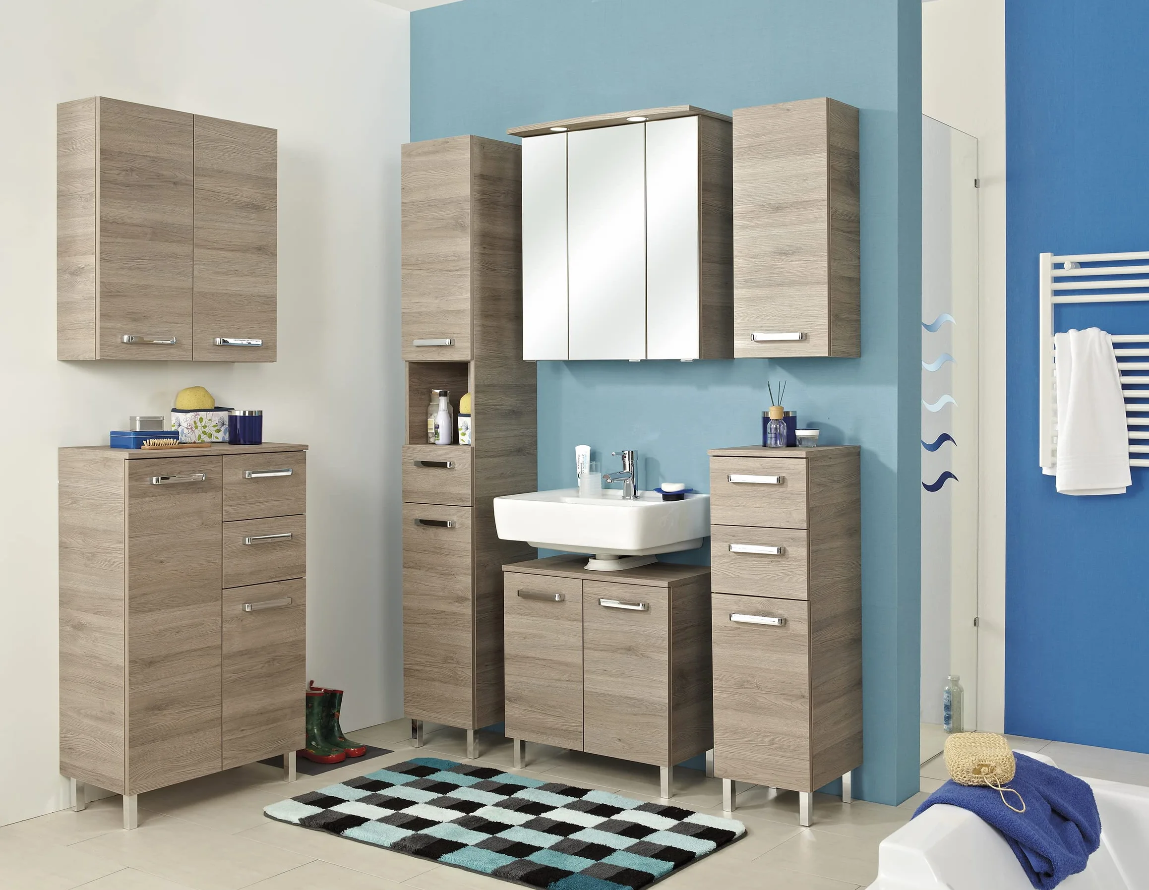 Pelipal Badezimmer Hängeschrank Quickset 313 in Sanremo Eiche Terra quer Nachbildung, 60 cm breit | Bad Wandschrank mit 2 Türen und 2 Einlegeböden