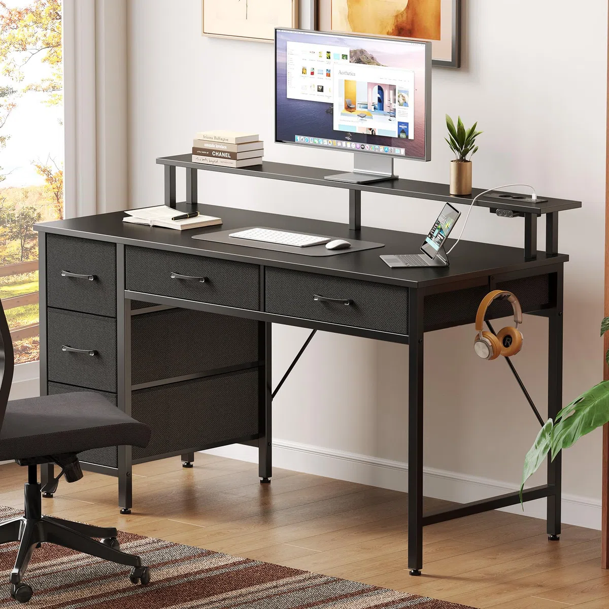 Rolanstar Schreibtisch mit 5 Schubladen, Computertisch mit Steckdosen, Gaming Tisch mit LED-Beleuchtung, Monitorständer, für Homeoffice, Schlafzimmer, Wohnzimmer, Büro (Schwarz, 140)