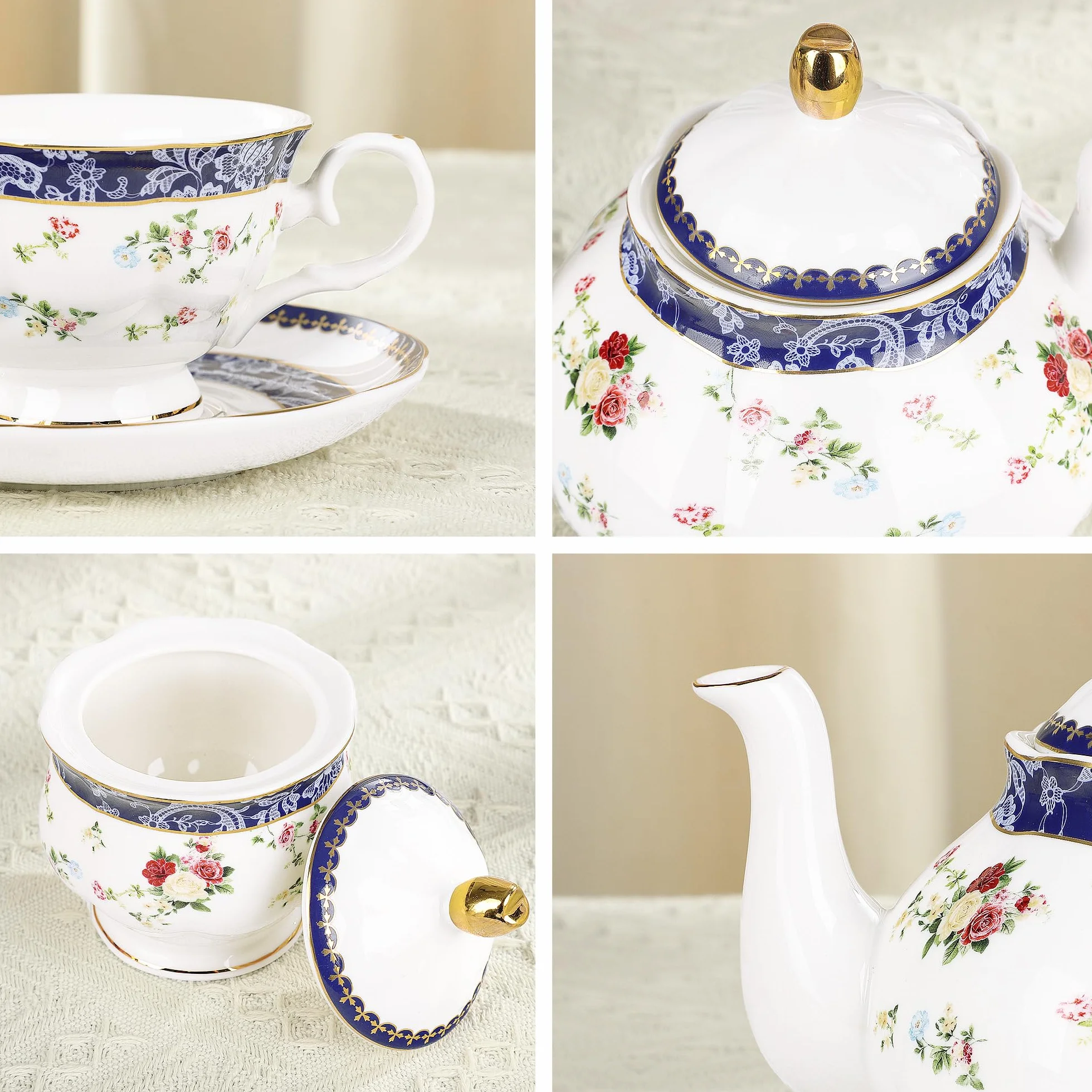 fanquare 21 Stück Blaue Rose Britisches Nachmittagstee-Set, Modernes Porzellan Teekannen-Set, Vintage Kaffeetasse und Untertasse Set, Erwachsene Teeservice für 6 Personen