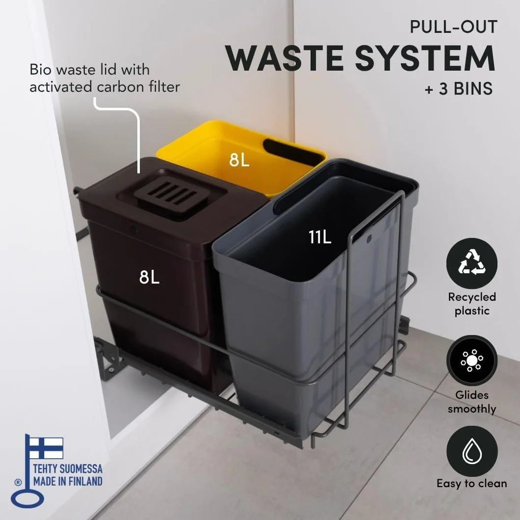 LM 64/3a Einbau Mülleimer ausziehbar mit 3 Abfalleimer (1x11L, 2x8L) in Farben anthrazitgrau, gelb, braun - Trio Mülltrennsystem für die Küche Unterschrank- anthrazit 32,8 x 43,3 x 35,4cm