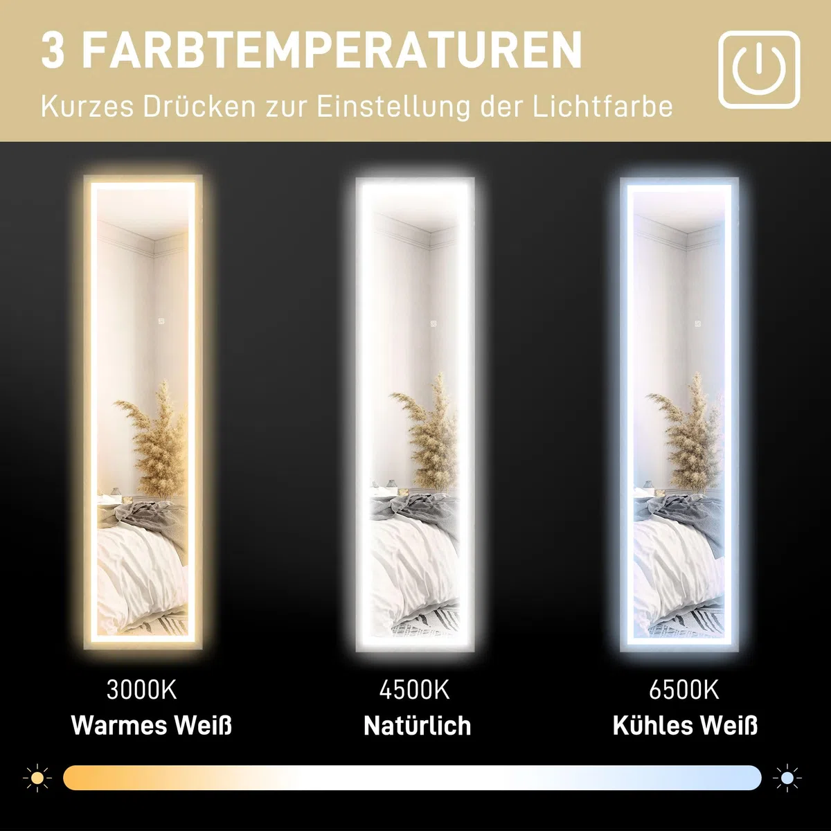 HOMCOM Ganzkörperspiegel 40 x 160 cm Standspiegel mit LED-Lichte, 3 Lichtfarben, Wandspiegel mit Touch-Steuerung, Bodenspiegel für Schlafzimmer, Wohnzimmer, Grau