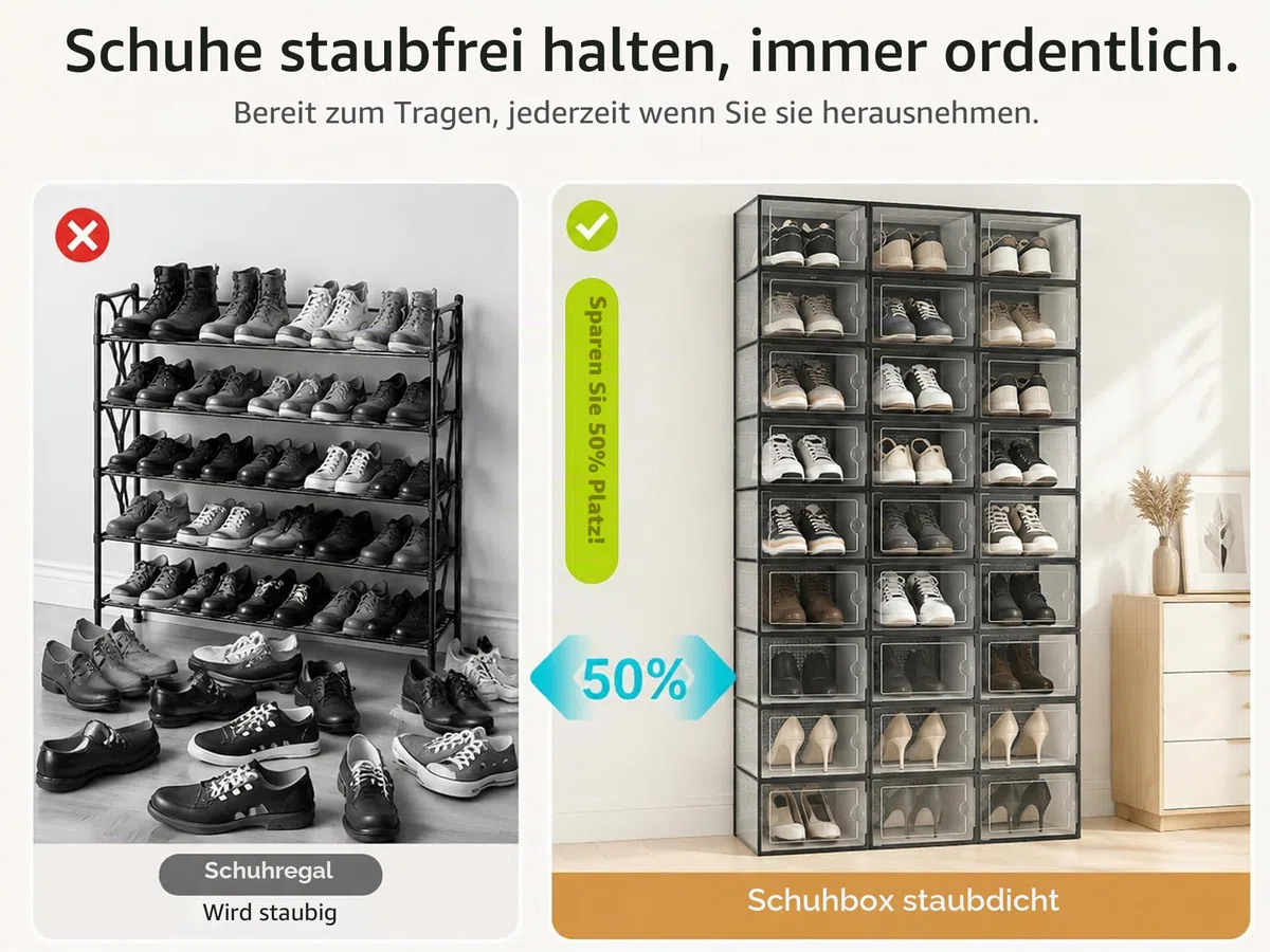 Kuject Große Schuhboxen für Schrank, passend für Größe 46, transparente Kunststoff-Stapelbare Sneaker-Behälter mit Deckel, großartiger Ersatz für Schuhregal, schwarz, 12 Stück