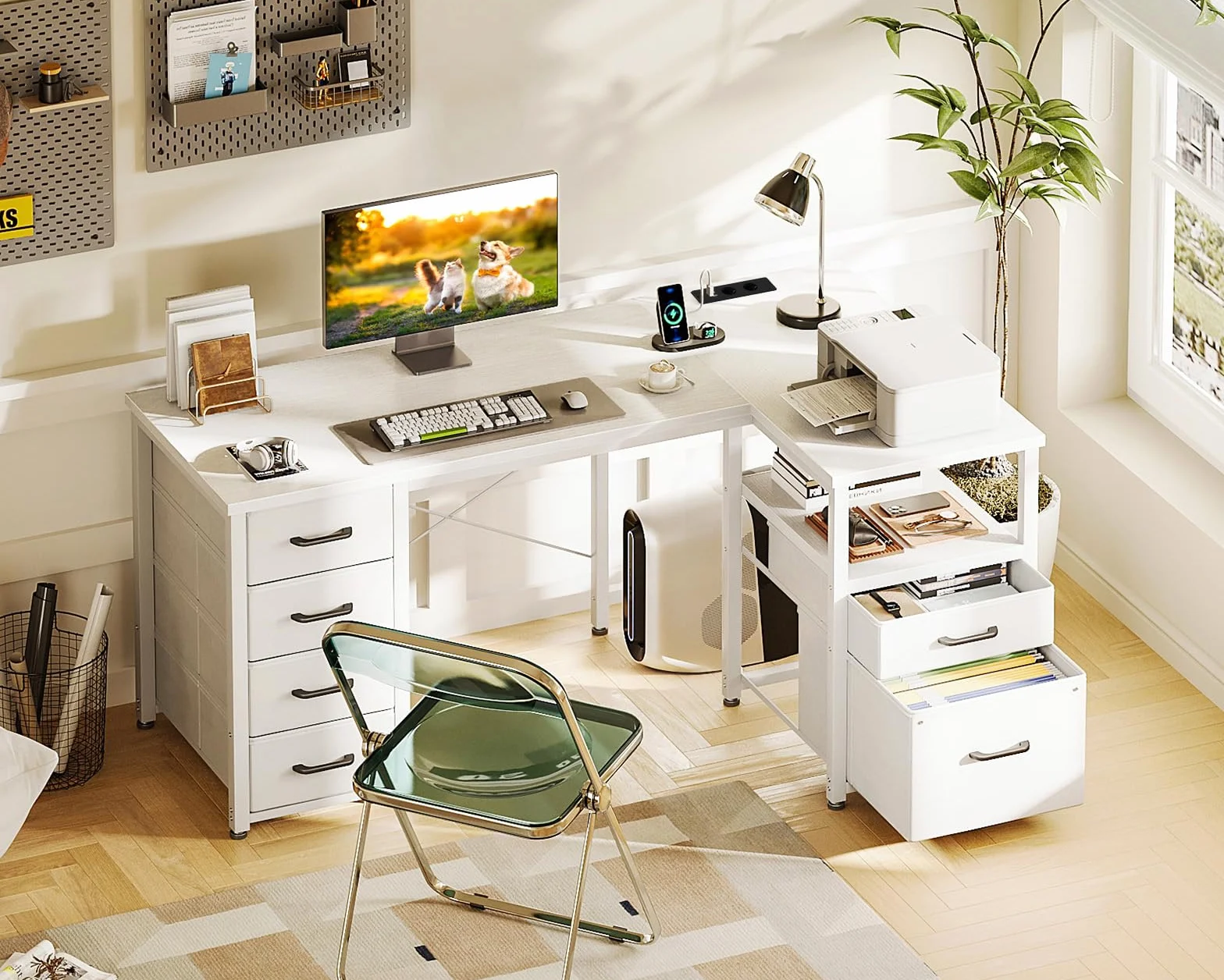Coleshome Schreibtisch mit Stoff Schubladen, 140x80cm Umkehrbarer Schreibtisch L Form mit Aktenschublade, Eckschreibtisch mit USB-Ladeanschluss und Steckdose, Home Office Schreibtische, Weiß