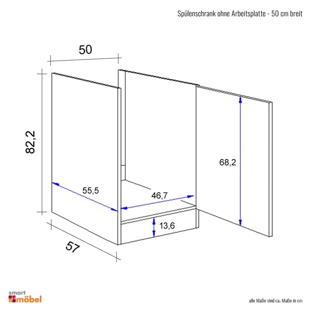 Smart Möbel Witus Spülenunterschrank 50 cm in Weiß – Küchenunterschrank ohne Arbeitsplatte