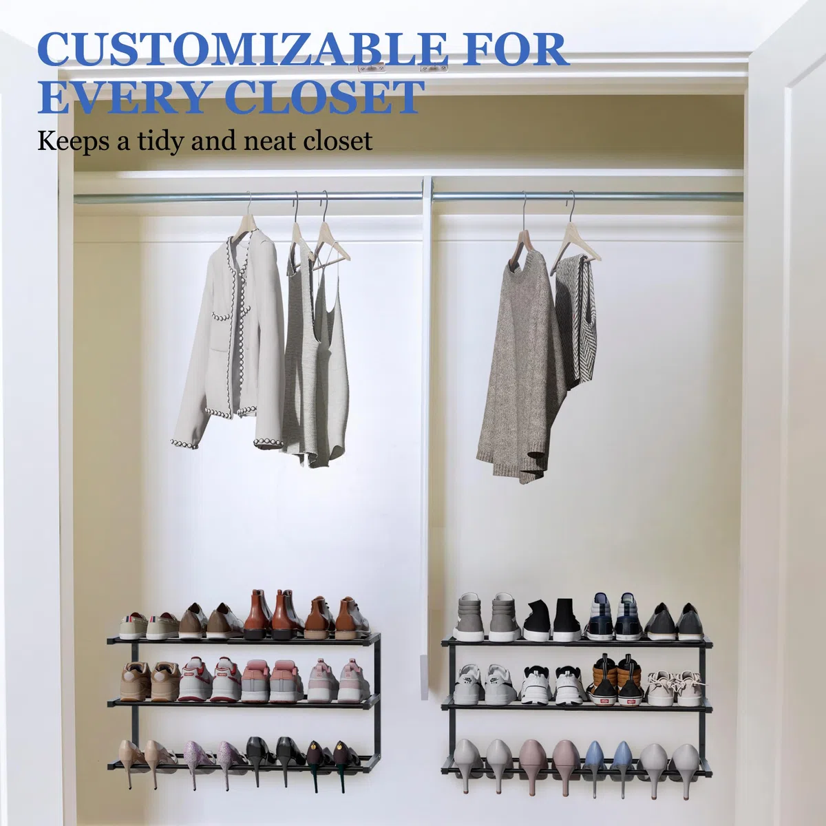 Schuhregal zur Wandmontage, 3 Etagen, hängendes Schuhregal für 24 Paar, 43,2 cm - 76,2 cm, verstellbarer, robuster Schuh-Organizer mit 4 Aufbewahrungshaken, platzsparend für Schrankeingang, schwarz