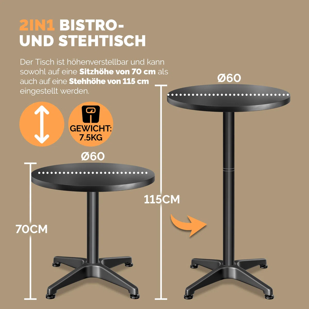 Casaria® 2in1 Stehtisch Höhenverstellbar 70 cm / 115 cm Hoch Aluminium Ø 60 cm Rund Wetterfest Outdoor Indoor Camping Bistrotisch Balkonmöbel Schwarz