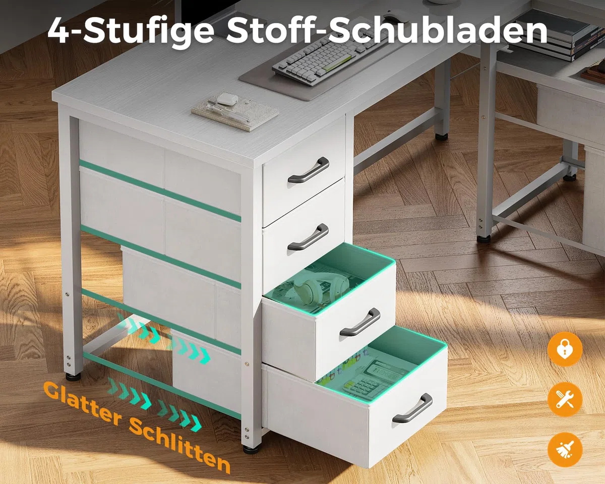 Coleshome Schreibtisch mit Stoff Schubladen, 140x80cm Umkehrbarer Schreibtisch L Form mit Aktenschublade, Eckschreibtisch mit USB-Ladeanschluss und Steckdose, Home Office Schreibtische, Weiß