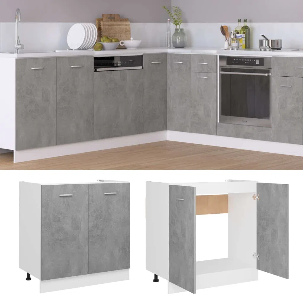 vidaXL Spülenunterschrank Küchenschrank Küchenzeile Küchenmöbel Unterschrank Küchenunterschrank Schrank Betongrau 80x46x81,5cm Holzwerkstoff