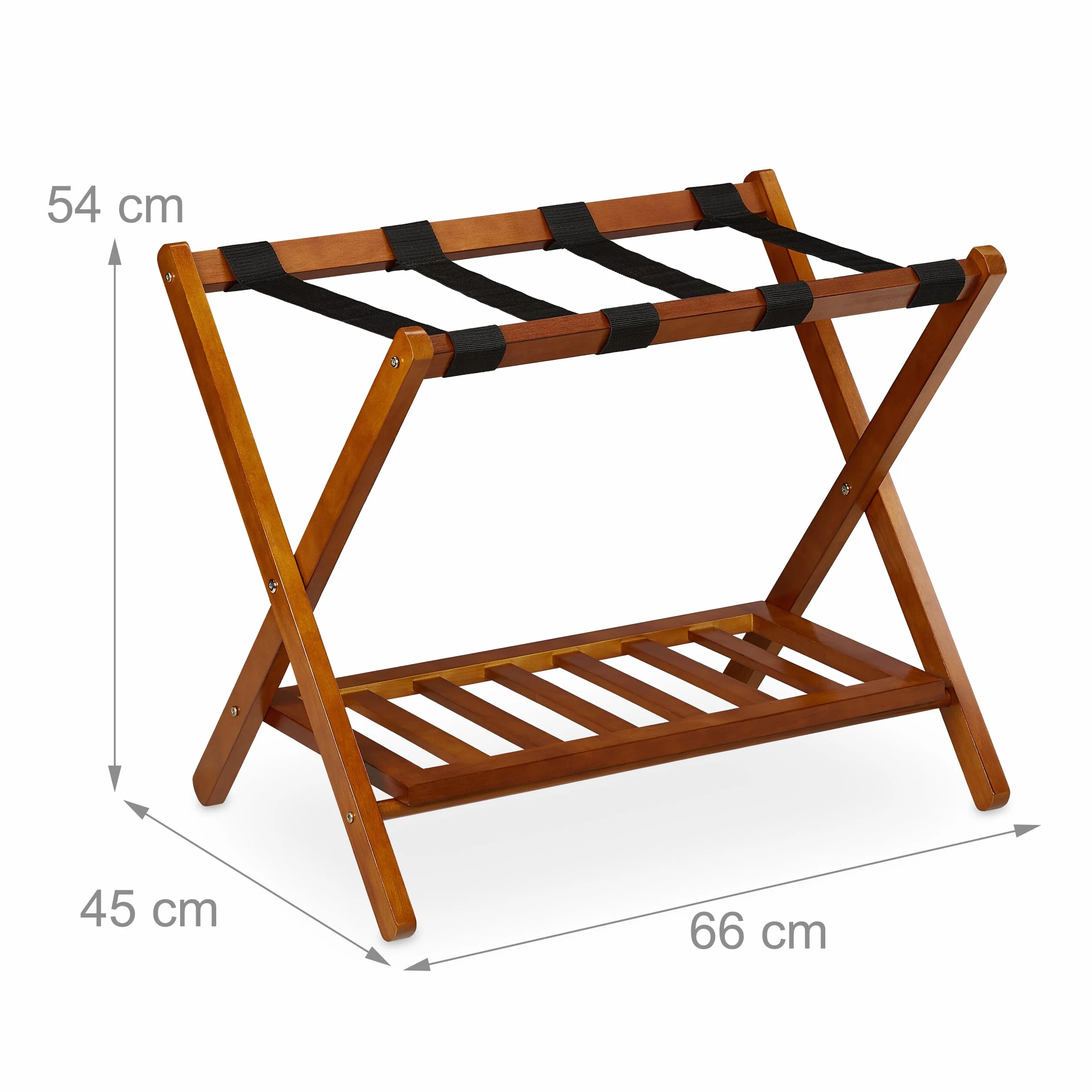 Relaxdays Kofferständer klappbar, 2er Set, Holz, H x B x T: 54 x 66 x 45 cm, 2 Ablagen, Kofferaufbewahrung Hotel, Natur