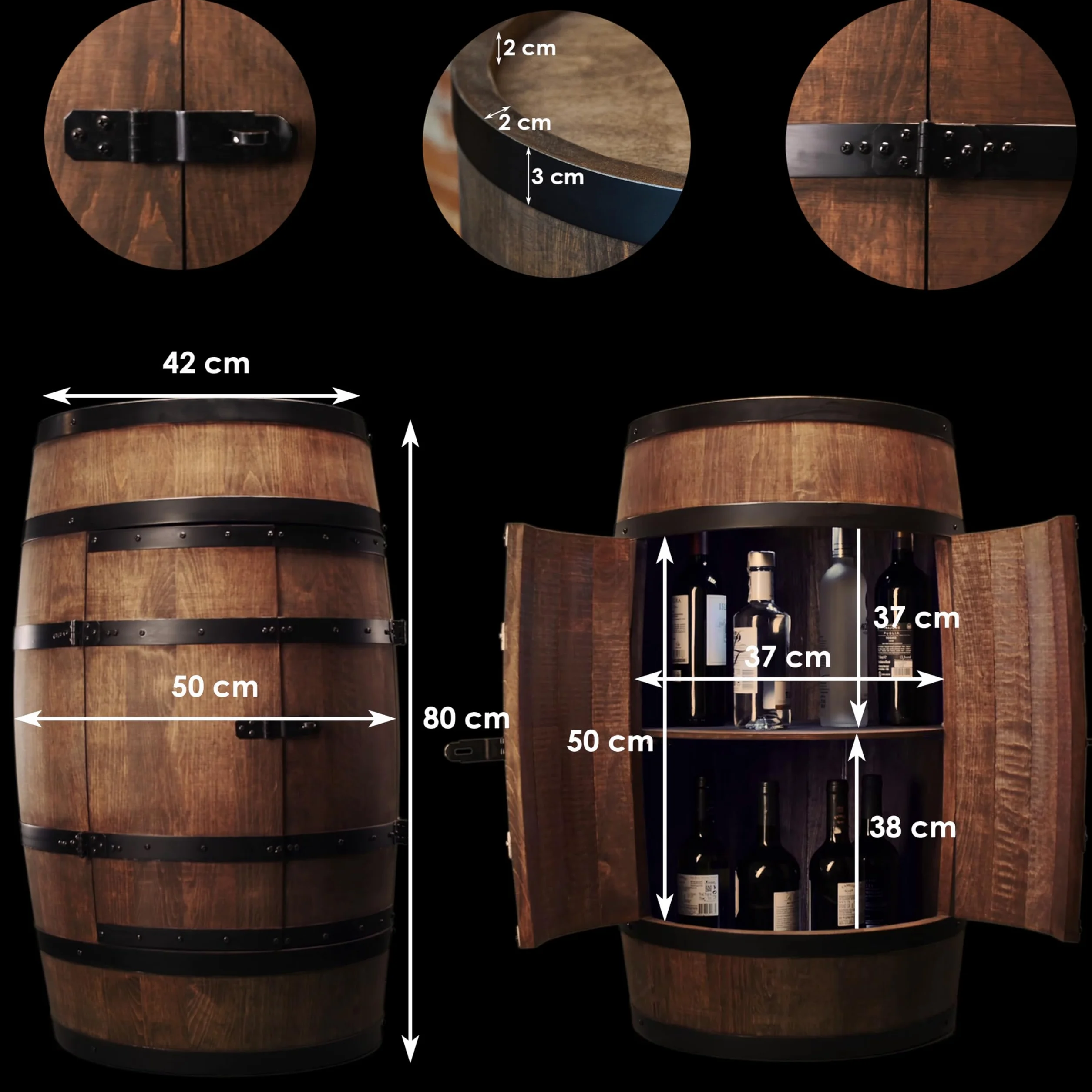 CREATIVE COOPER Weinfass Stehtisch mit Tür - Alkoholschrank Flaschenregal Holz Regale - Holzfass - Fassmöbel - Wine Rack - Wineregal - Weinbar - Fass bar mit Tür - Fassbar minibar 80Cm High (Wenge)