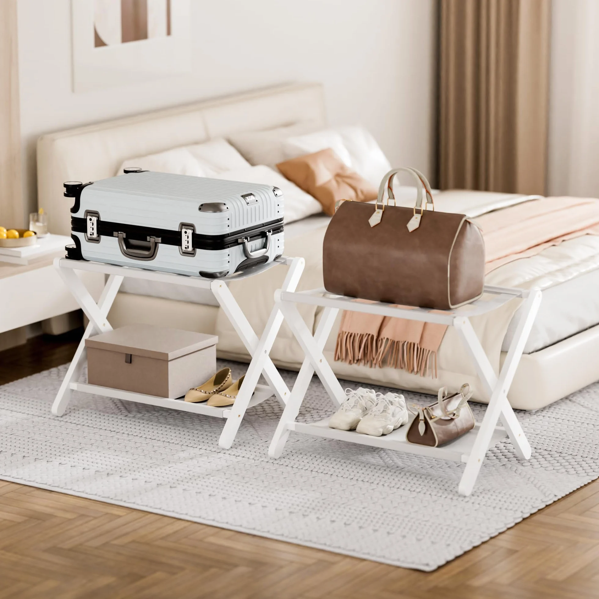 HITNET Kofferständer Klappbar Weiß, Gepäckablage aus Bambus für Gästezimmer, Kofferablage mit Stoffablage, platzsparender Kofferhocker für Hotel und Schlafzimmer