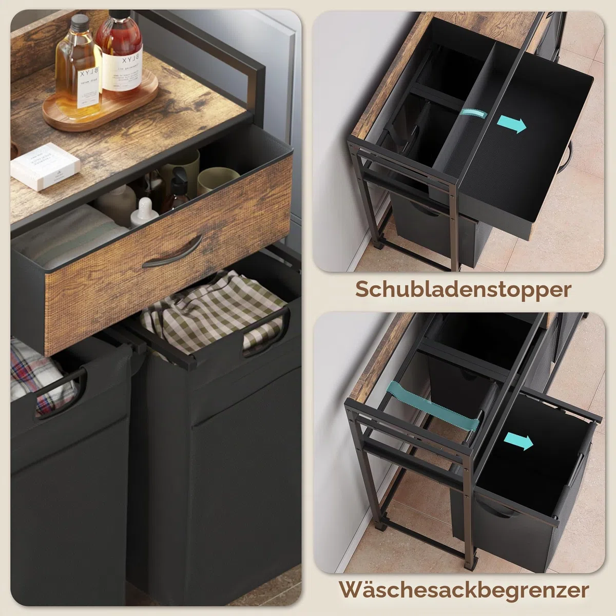 Mondeer Wäschekorb 3 Fächer, Wäschesammler mit 2 Schubladen ausziehbar und herausnehmbare Wäschesäcke, Für Waschküche Schlafzimmer Badezimmer, 3x50L, 106 x 33 x 91.5 cm, Vintagebraun und Schwarz