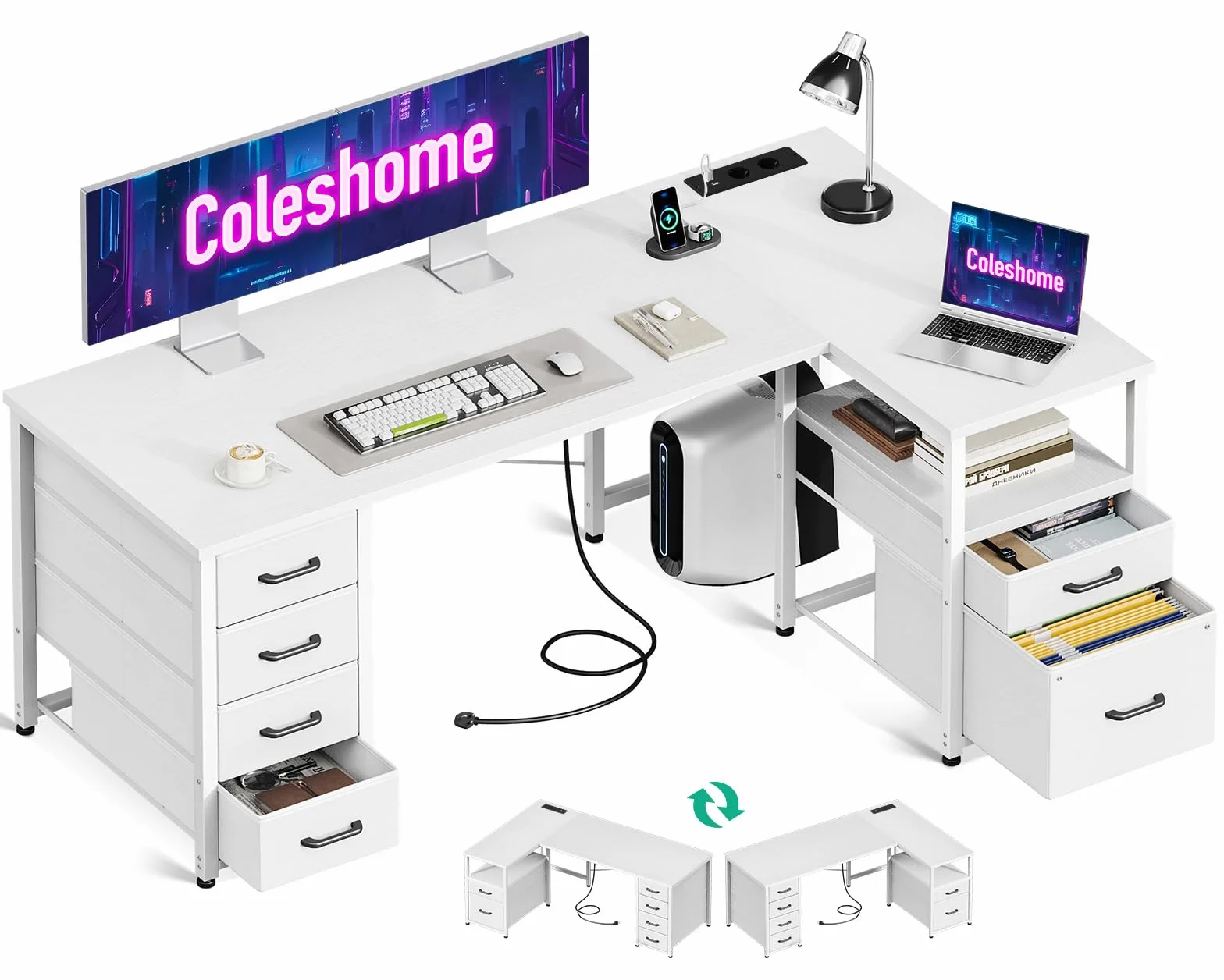 Coleshome Schreibtisch mit Stoff Schubladen, 140x80cm Umkehrbarer Schreibtisch L Form mit Aktenschublade, Eckschreibtisch mit USB-Ladeanschluss und Steckdose, Home Office Schreibtische, Weiß