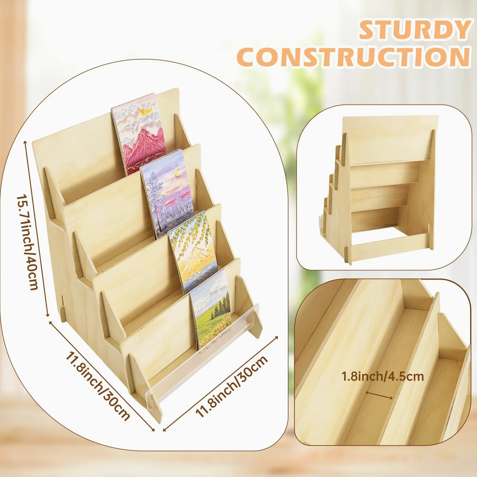 Grußkarten-Präsentationsständer, 4-stöckig, aus Holz, Mehrzweck-Broschürenhalter, tragbarer Präsentationsständer für Geburtstagskarten, Lesezeichen, Messen, Märkte, Handwerksmessen