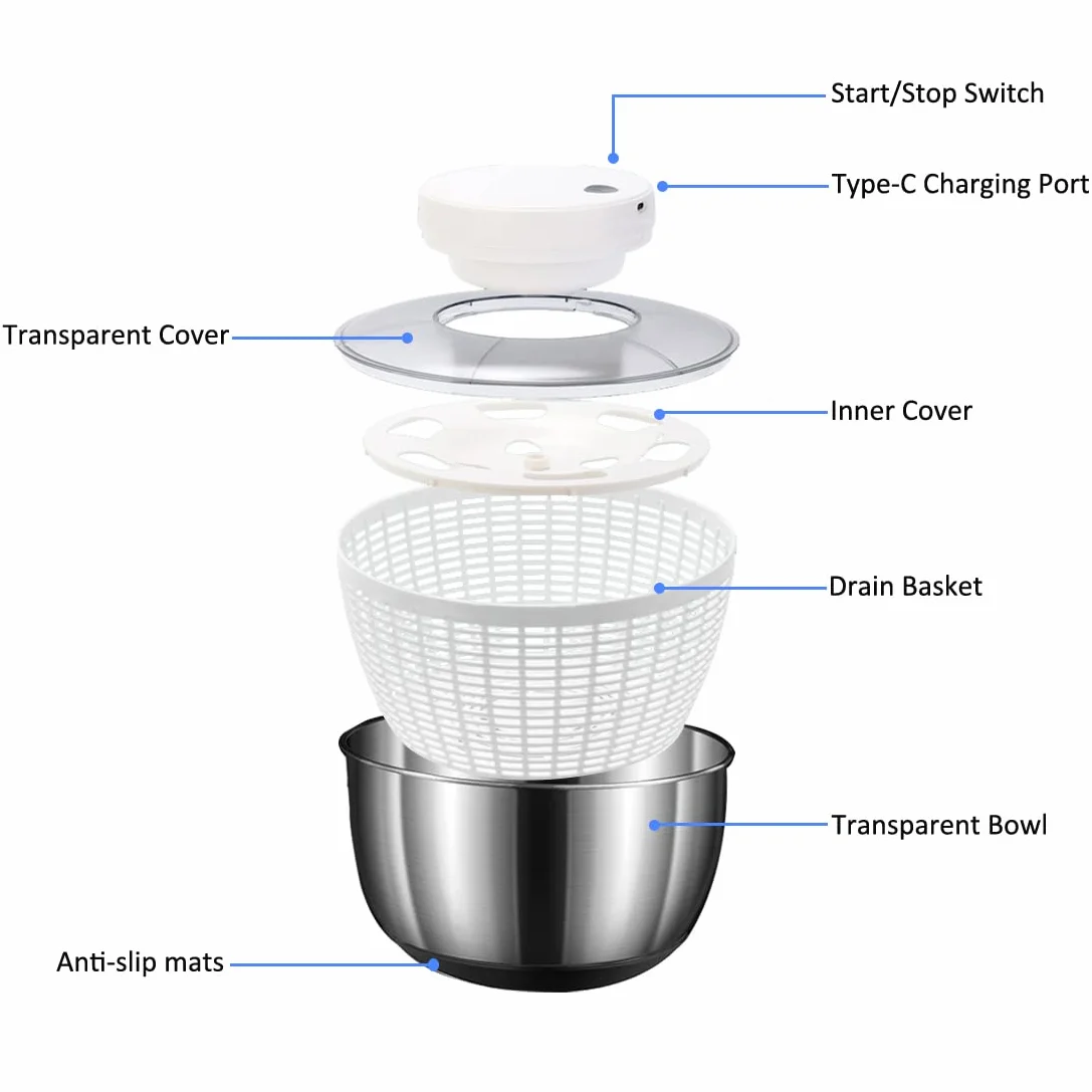 Elektrische Salatschleuder USB Wiederaufladbare Salatschleudern zum Waschen und Trocknen von Salat, Edelstahl 5L Salatschüssel fur Sieb, Gemüse und Obst