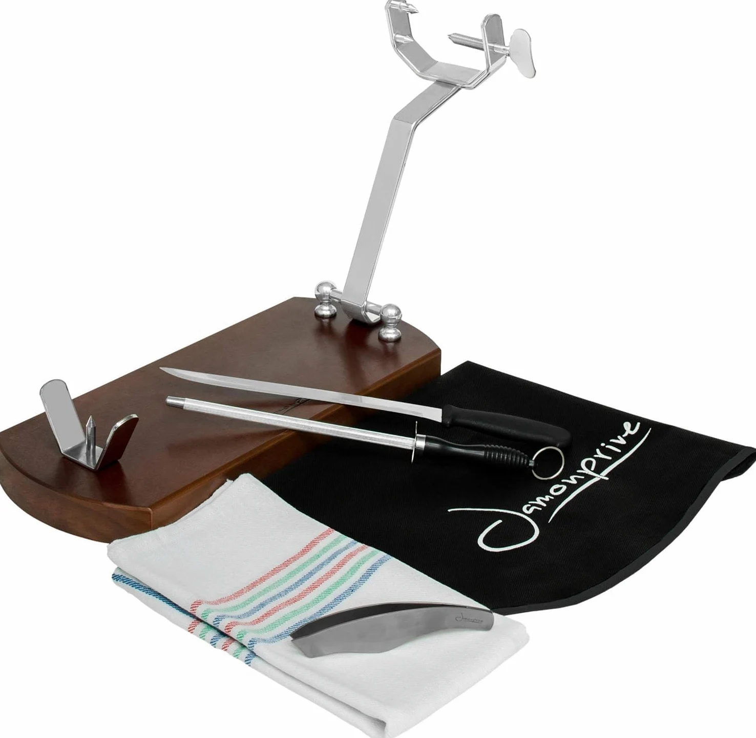 Jamonprive Schinkenhalter zusammenklappbar nussbaumfarben mit Anti-Rutsch-Füßen + Messer + Wetzstahl + Schinkenabdeckung + Küchentuch + Pinzette Ideal für Serrano, Iberico und Prosciutto