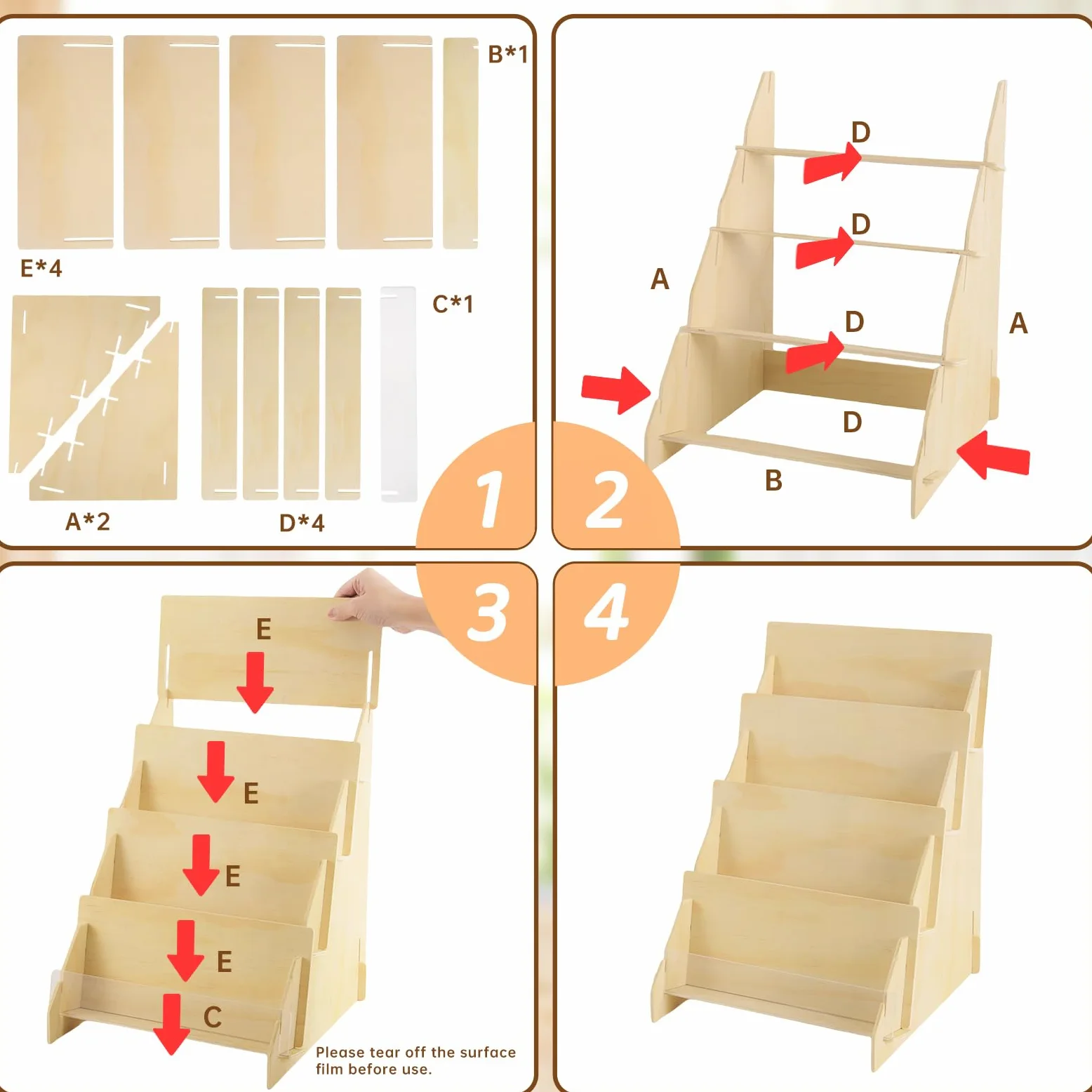 Grußkarten-Präsentationsständer, 4-stöckig, aus Holz, Mehrzweck-Broschürenhalter, tragbarer Präsentationsständer für Geburtstagskarten, Lesezeichen, Messen, Märkte, Handwerksmessen