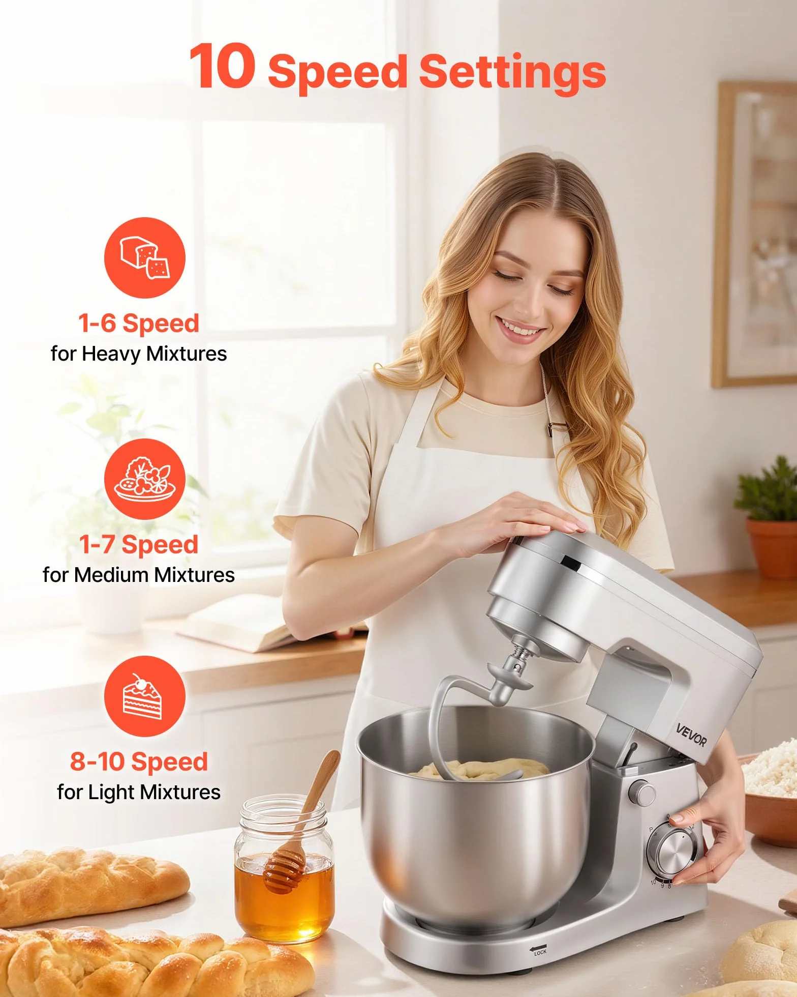 VEVOR Knetmaschine Küchenmaschine zum Backen, 1500 W Teigmaschine mit Edelstahlschüssel (5,7 L) & Knethaken & Rührbesen & Schneebesen, 10-Gang einstellbare kippbare Rührmaschine Standmixer