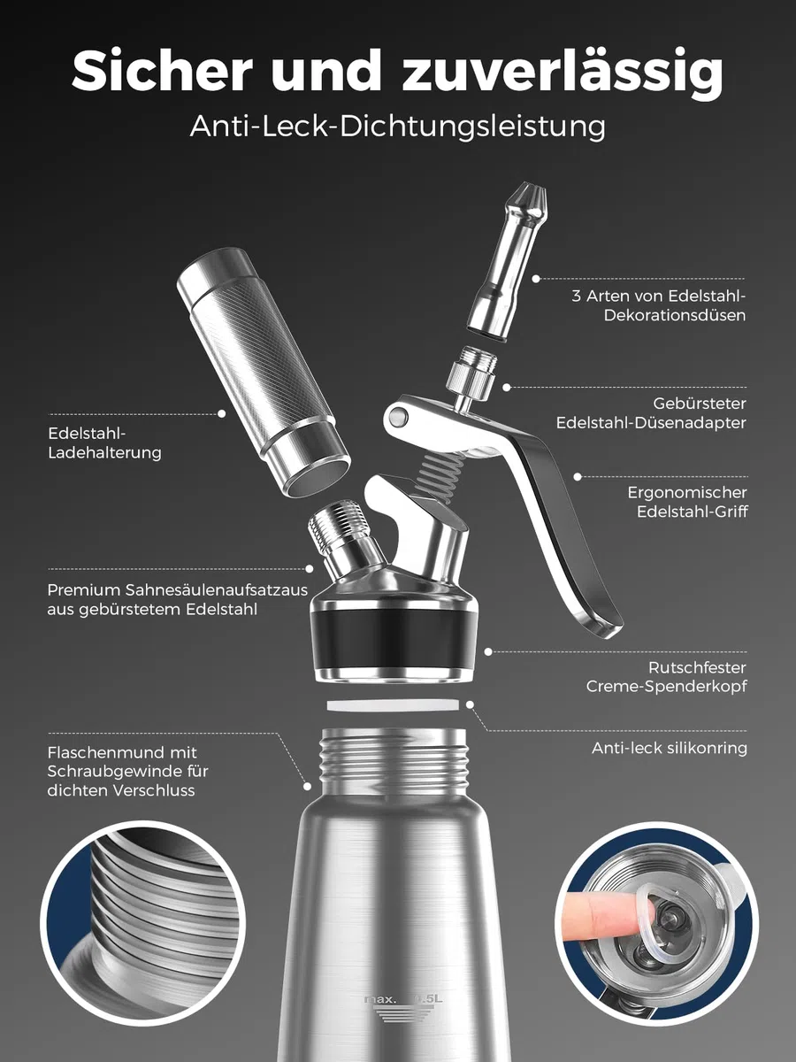 Sahnespender,Edelstahl Sahnesiphon 500ml,inklusive Ersatzteile 3 Spritztüllen und 1 Reinigungbürste, Schlagsahnebereiter,Deutsche Anweisungen