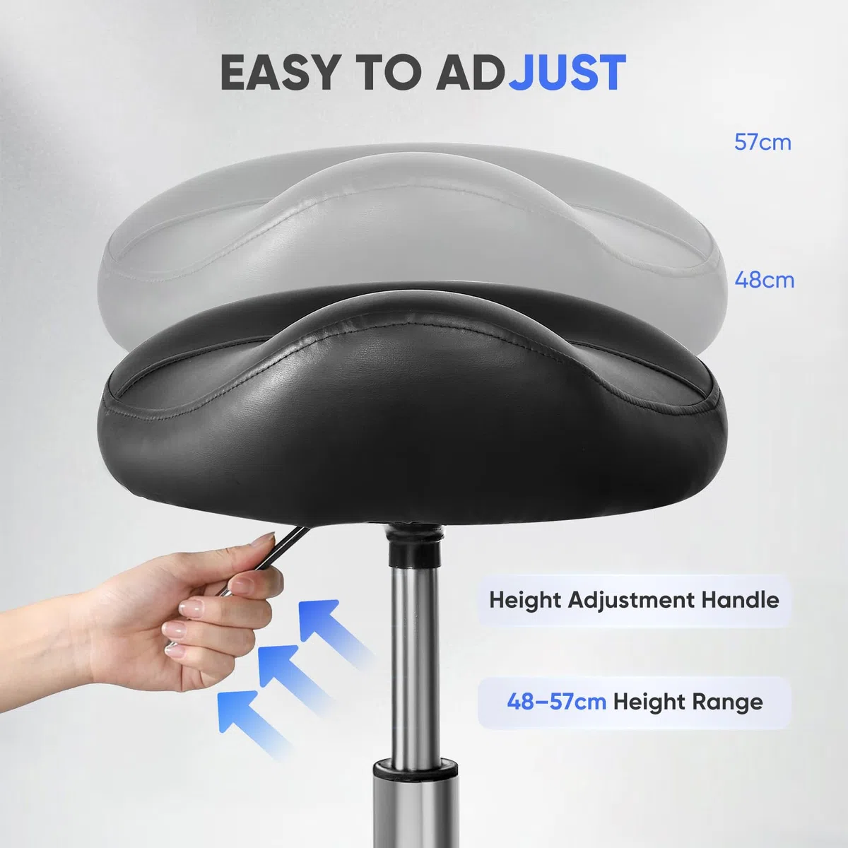 Sattelstuhl Ergonomisch- Sattelhocker mit Rollen (Leise, 360°), Höhenverstellbar 48-57 cm, Hochdichter Schaum, Bis 150 kg, Metallfuß - Bequemer Sattelhocker für Büro, Salon, Massage, Zuhause