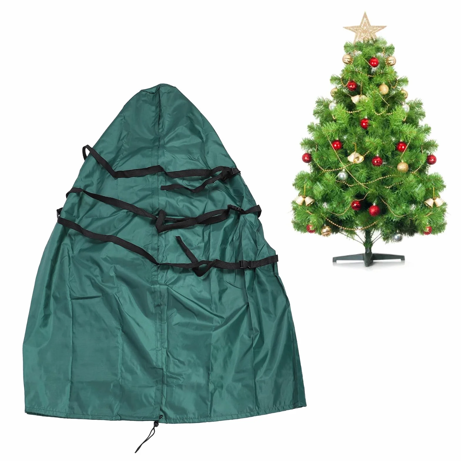 Aufrechter Weihnachtsbaum-Aufbewahrungsbeutel, Staubdicht, Wasserdicht, Robust, Künstlicher Weihnachtsbaum, mit Kordelzug und Spanngurten, Weihnachtsbaum-Abdeckung (grün) (45 * 94