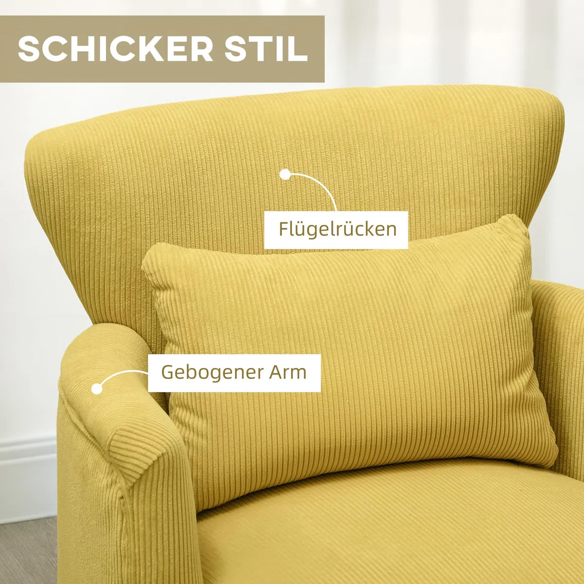 HOMCOM Sessel Loungesessel mit Armlehnen, Polstersessel mit Kissen Armlehnensessel mit Kordoptik, Holzbeine Lesesessel für Wohnzimmer, Schlafzimmer, Gelb