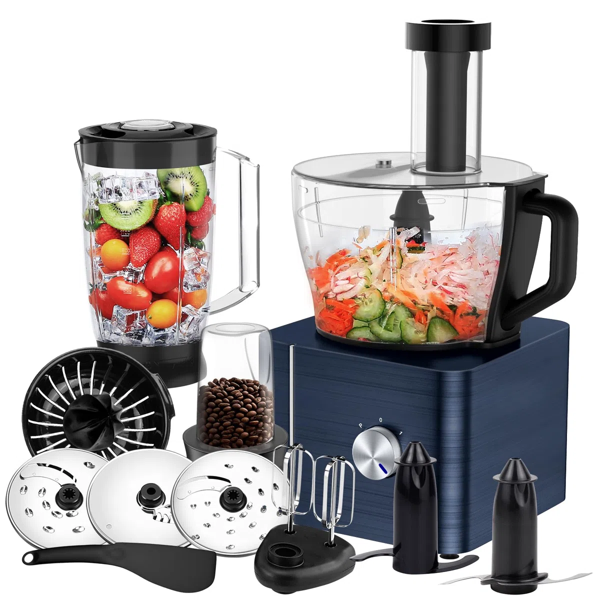 SNDOAS Küchenmaschine, 1100W Multifunktional Food Processor, 3,2 L Rührschüssel Teig Kneten, Küchenmaschine Zerkleinerer, 1,5 L mixer, Mahlwerk, Dunkelblau