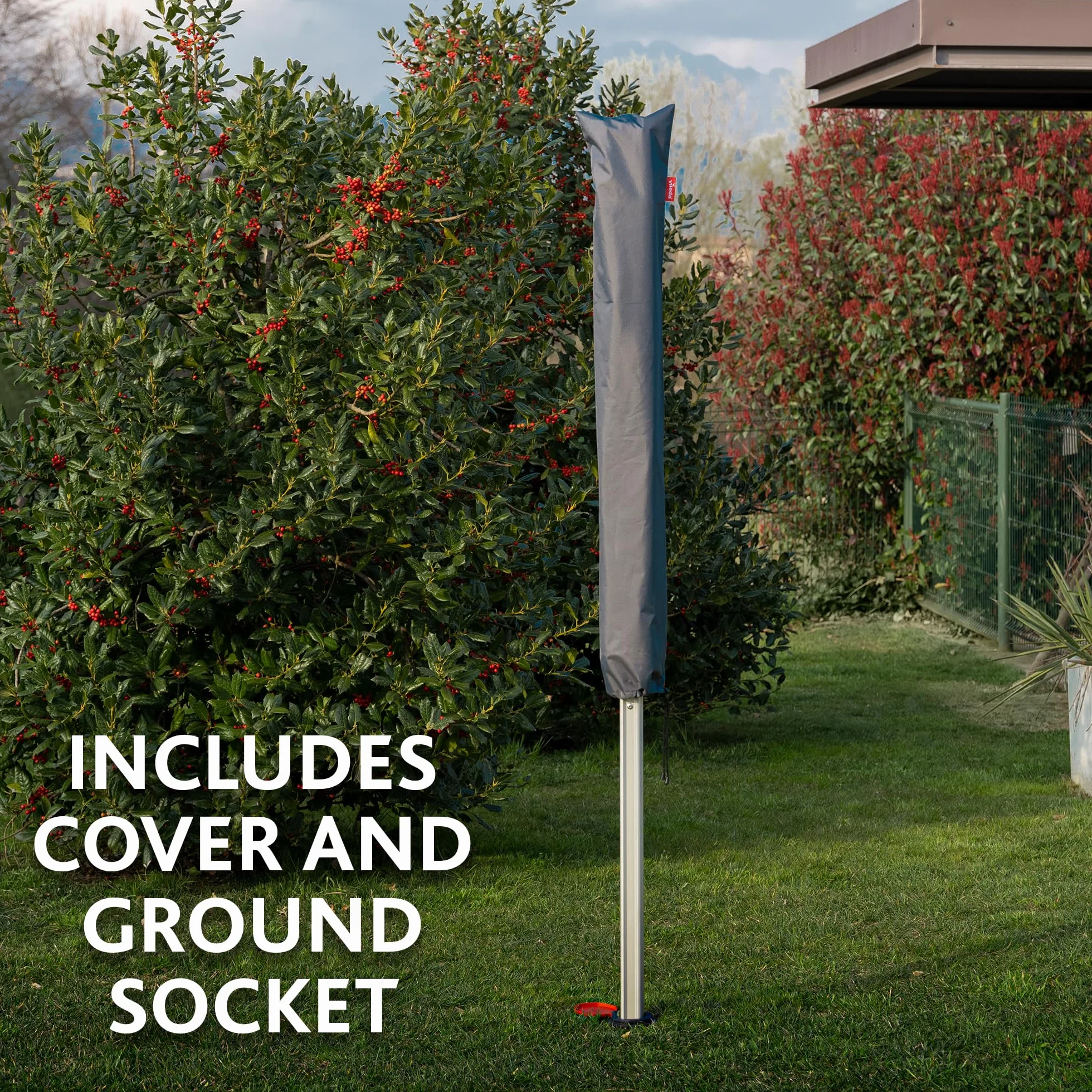 Vileda Sun-Lift Compact Wäschespinne, 40 m Leinenlänge,höhenverstellbar 1,55-1,72 m, Easy-Lift-System, inkl. 8 Kleiderbügelhalter, Bodenhülse, UV-beständige Schutzhülle, Farbe Grau, Comfort-Pack