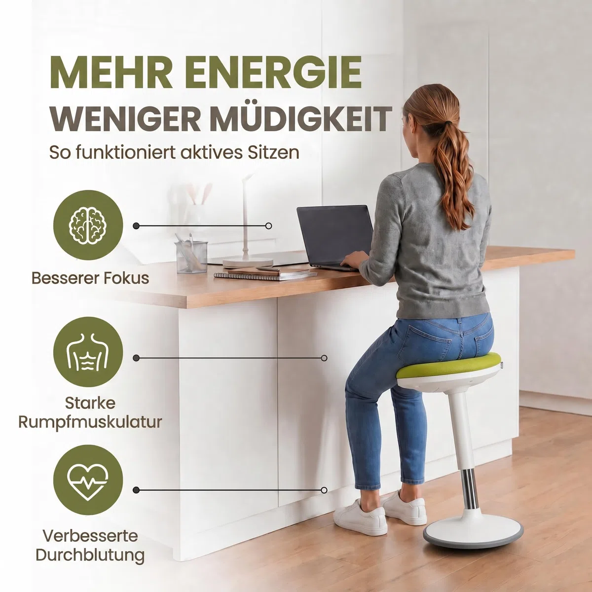 Ergonomischer Stehhocker höhenverstellbar in 3 Größen - Wackelhocker mit Schwingeffekt - Rutschfester Stehstuhl & Büro-Hocker für Schreibtisch & Homeoffice (Grün, S)