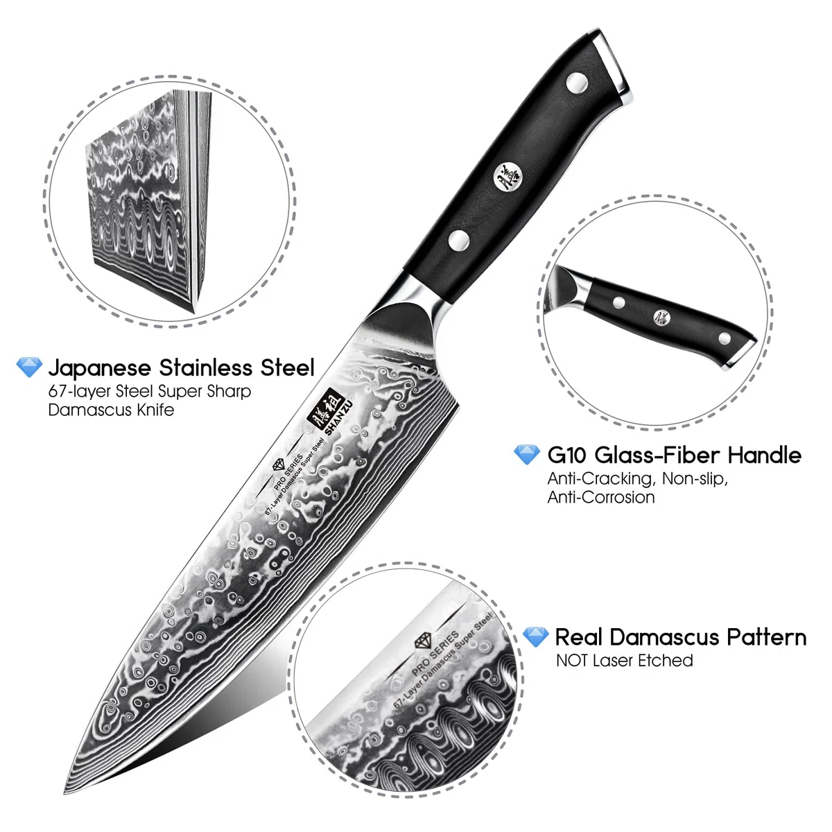 SHAN ZU Damastmesser Kochmesser 67 Schichten Damaststahl Küchenmesser mit G10 Griff 20CM - PRO Series