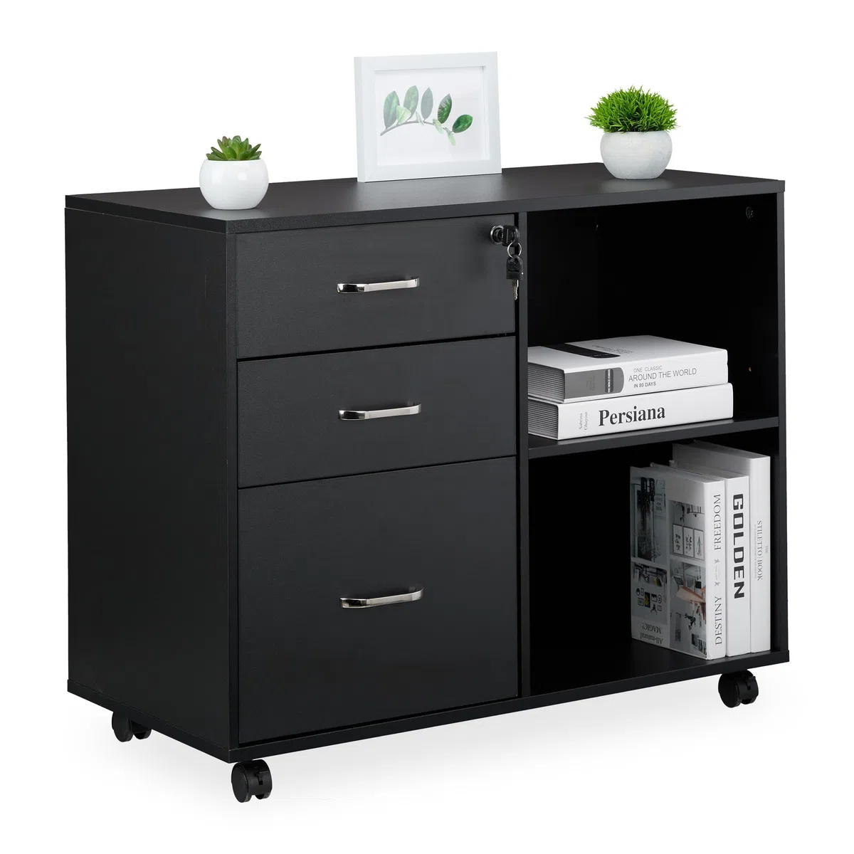 Relaxdays Rollcontainer, 3 Schubladen, 2 Fächer, Hängeregister, HxBxT: 66x80x40 cm, abschließbarer Aktenschrank, schwarz