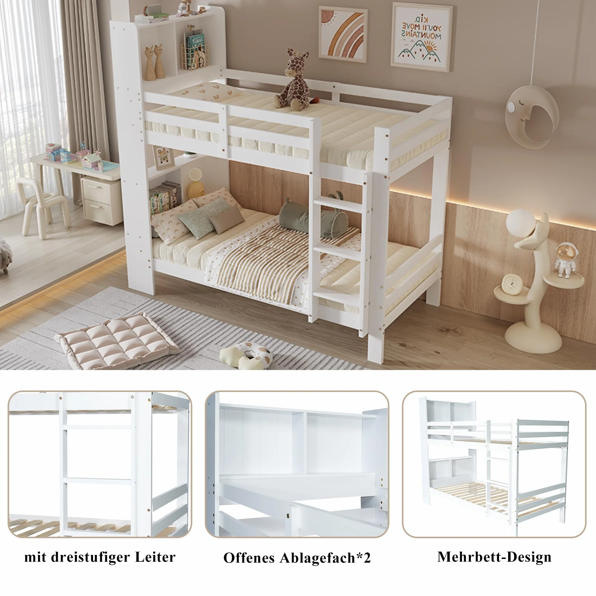 Etagenbett Kinderbett 90x200 cm, Hochbett mit Stauraum Regalen und Leiter, Modern Doppelbett für 2 Kinder mit Rausfallschutz, Weiß