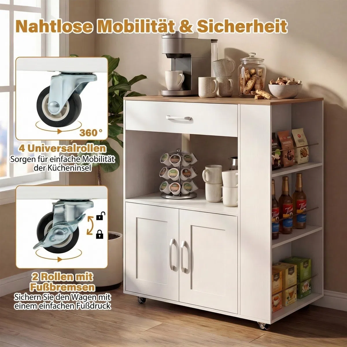 GIANTEX Küchenwagen mit Rollen, Servierwagen mit Arbeitsplatte, 75x46x90,5 cm, Weiß