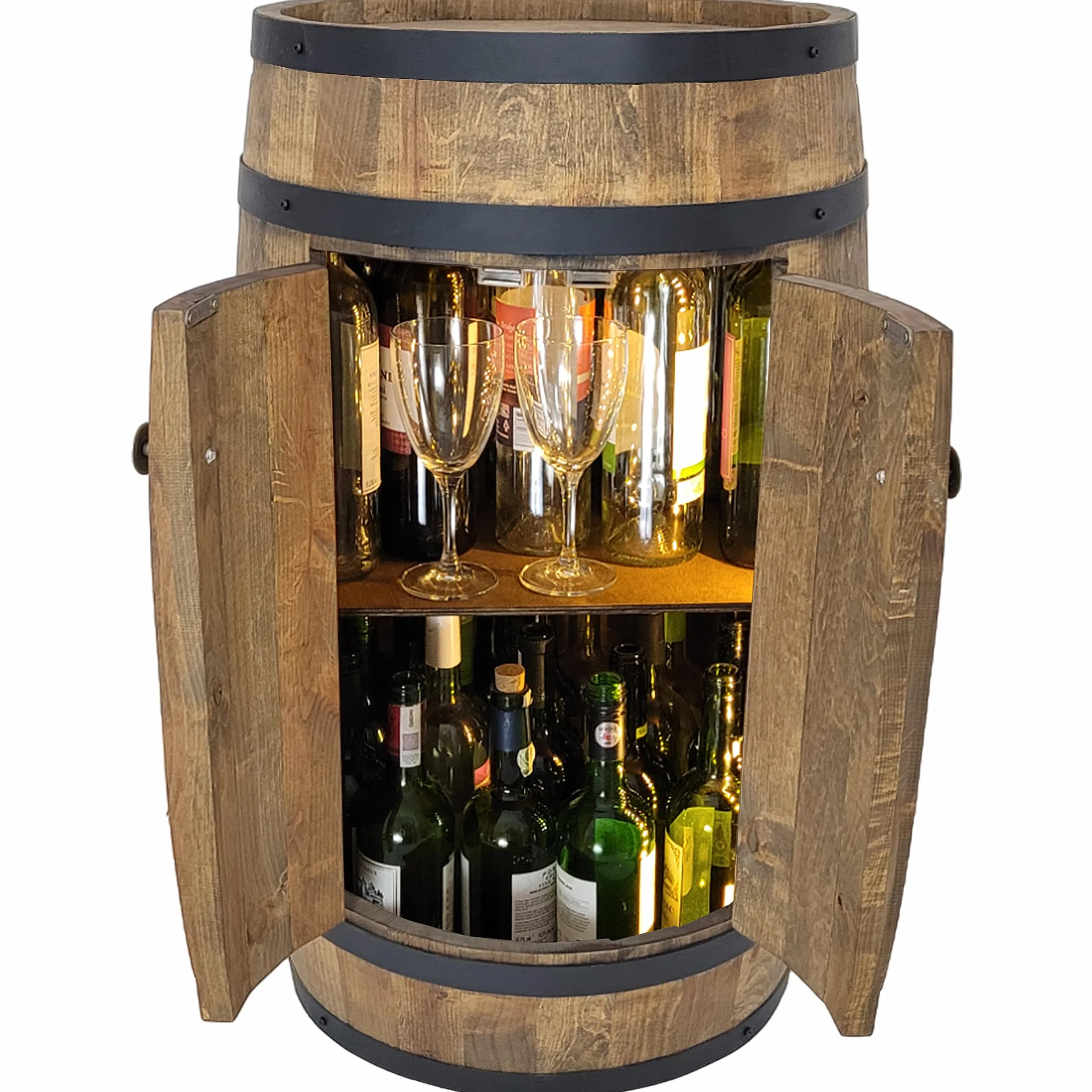 Fassbar mit 2 Türen und LED Beleuchtung, Holzfass 80x50cm Weinfass - Barschränk handgemacht Flaschenregal Hausbar vintage theke bar wand holzregal whisky Wein Bier - Bartisch Geschenk für Männer