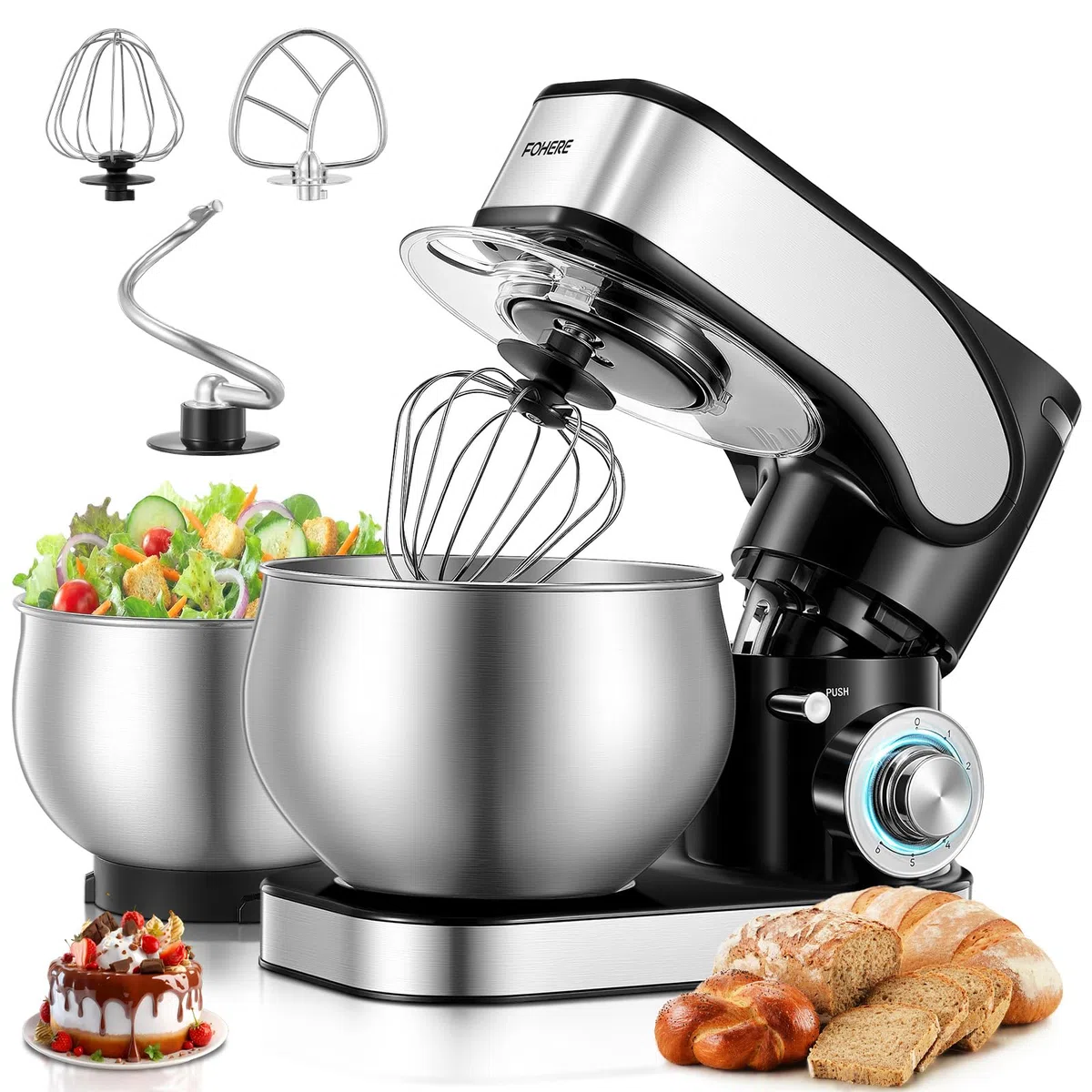 Küchenmaschine mit 5L + 3L Edelstahlschüsseln Dual-Schalen, Knetmaschine Mit Aufgewerteter Knethaken, 1300W Leistungsstarke Teigmaschine, 6+P Geschwindigkeiten, Knethaken, Rührbesen und Schneebesen