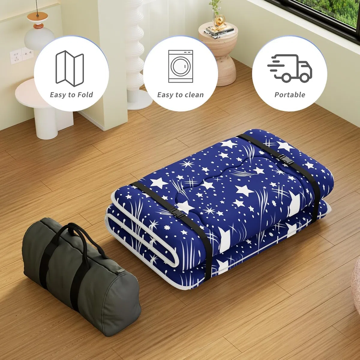Kiseely Japanische Futon-Matratze, Faltbare Tatami-Matte, tragbare Schlafunterlage mit Tasche und Gurt, Bodenmatratze, verdickte Schlafmatratze, Camping-Matratze (Blau Yu1, 150X200cm)
