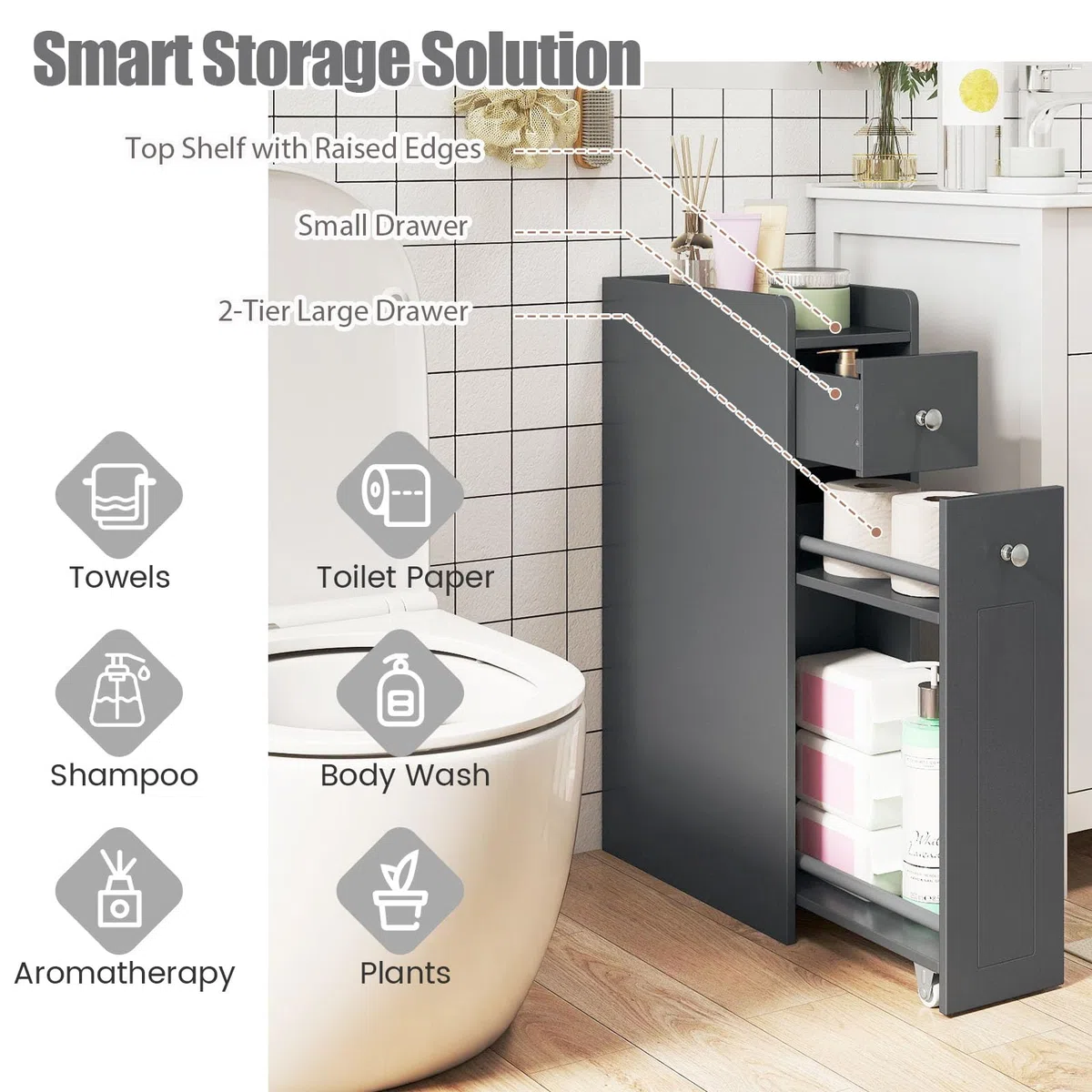 LIFEZEAL Nischenschrank, Badezimmerschrank klein mit Schublade, Nischenregal schmal mit Rollen, Nischenwagen für Waschküche, Wohnzimmer, Badezimmer, 40 x 18 x 70 cm (Grau)