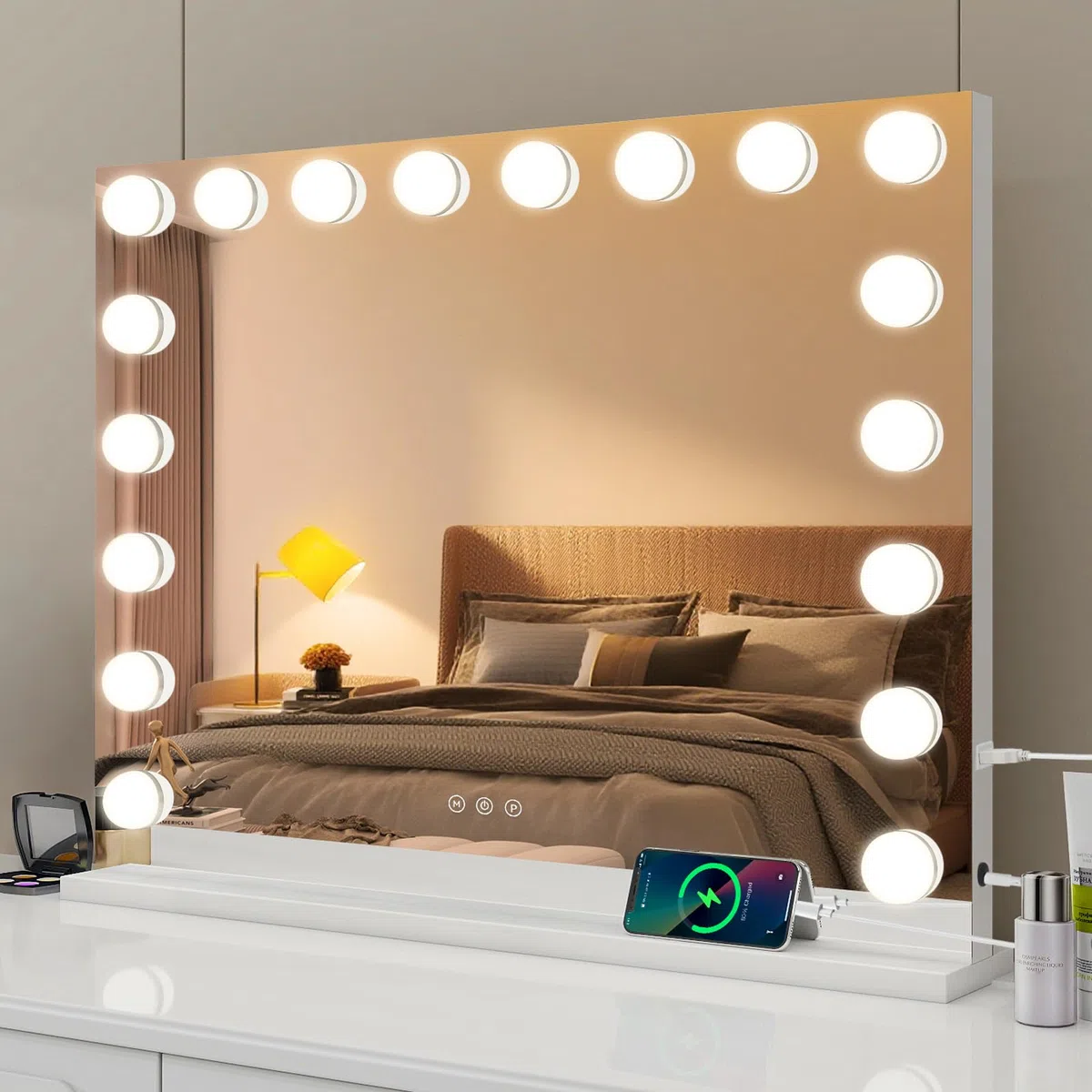 Schminkspiegel mit Beleuchtung 80x60cm Hollywood Spiegel mit Beleuchtung Kosmetikspiegel 18 LED Licht 3 Lichtfarben mit USB 10X Vergrößerung Touch Control Tischplatte (18LED-Weiß)