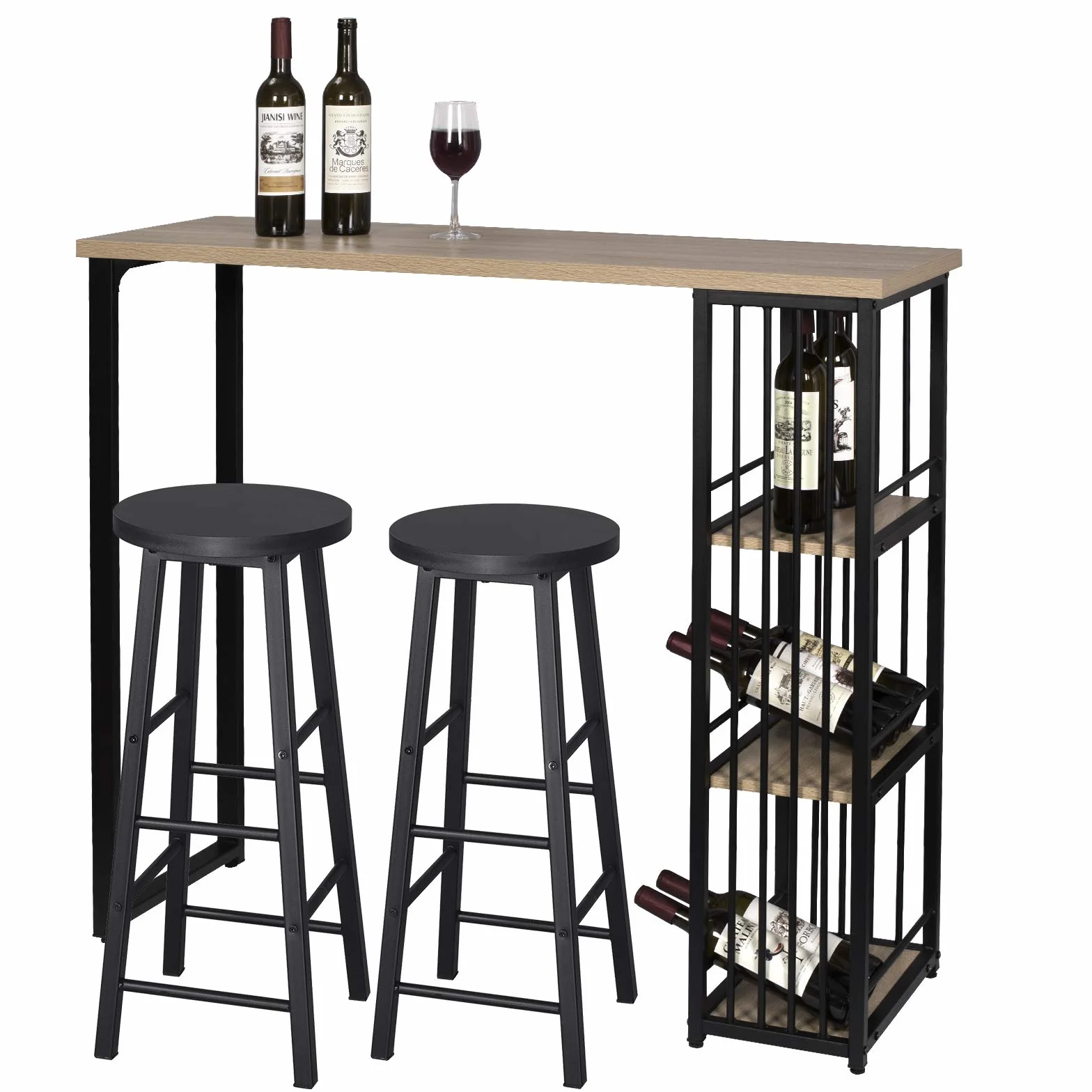 WOLTU 1x Bartisch + 2X Barhocker Stehtisch Bistrotisch Bartheke Tresentisch, mit 3 Ablagefläche, Metallgestell, MDF, 120x40x105cm(BxTxH)